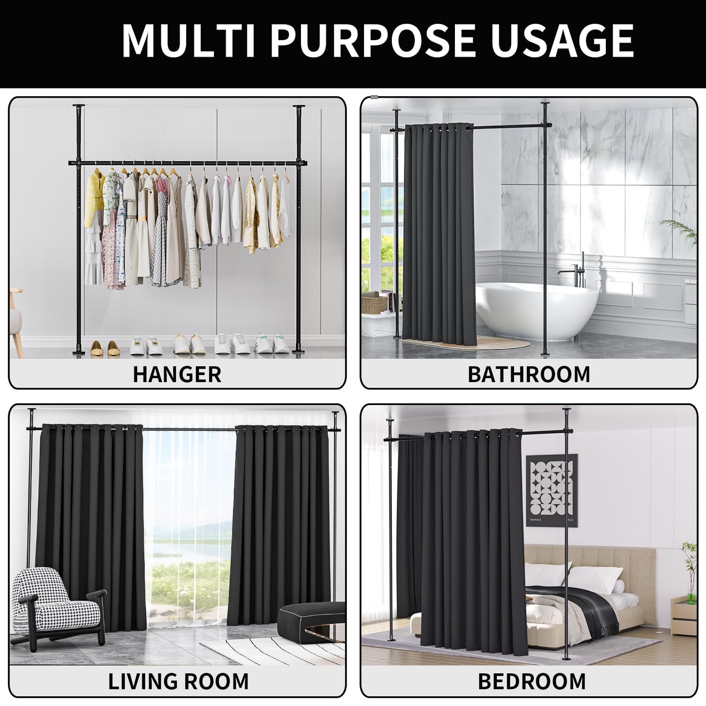 Room Divider Curtain Rod, No Drilling Wall Divider for Room Separation, Adjustable 48-120in (H) 30-70in(W), Heavy Duty Floor to Ceiling Tension Rod Divider, for Temporary Privacy Wall Divider-Black