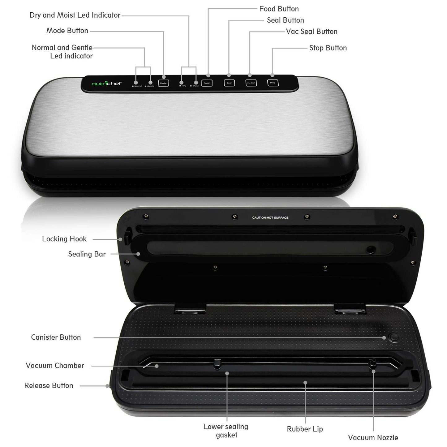 NutriChef Stainless Steel Vacuum Sealer For Food - High-Power Machine with Adjustable Suction, Dry & Moist Modes, LED Lights, Bags, Wine Stopper & Hose, Easy Plug-in Design, Lab-Tested Food Storage