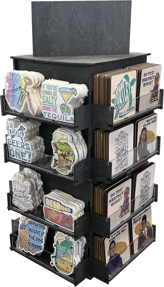4-Sided Rotating Display Stand - Craft Shows, Trade Shows, Markets - Small & Medium-Sized Items like Stickers, Postcards, Coasters, Note Pads, Napkins - Heavy-Duty, Easy to Assemble (Black)…