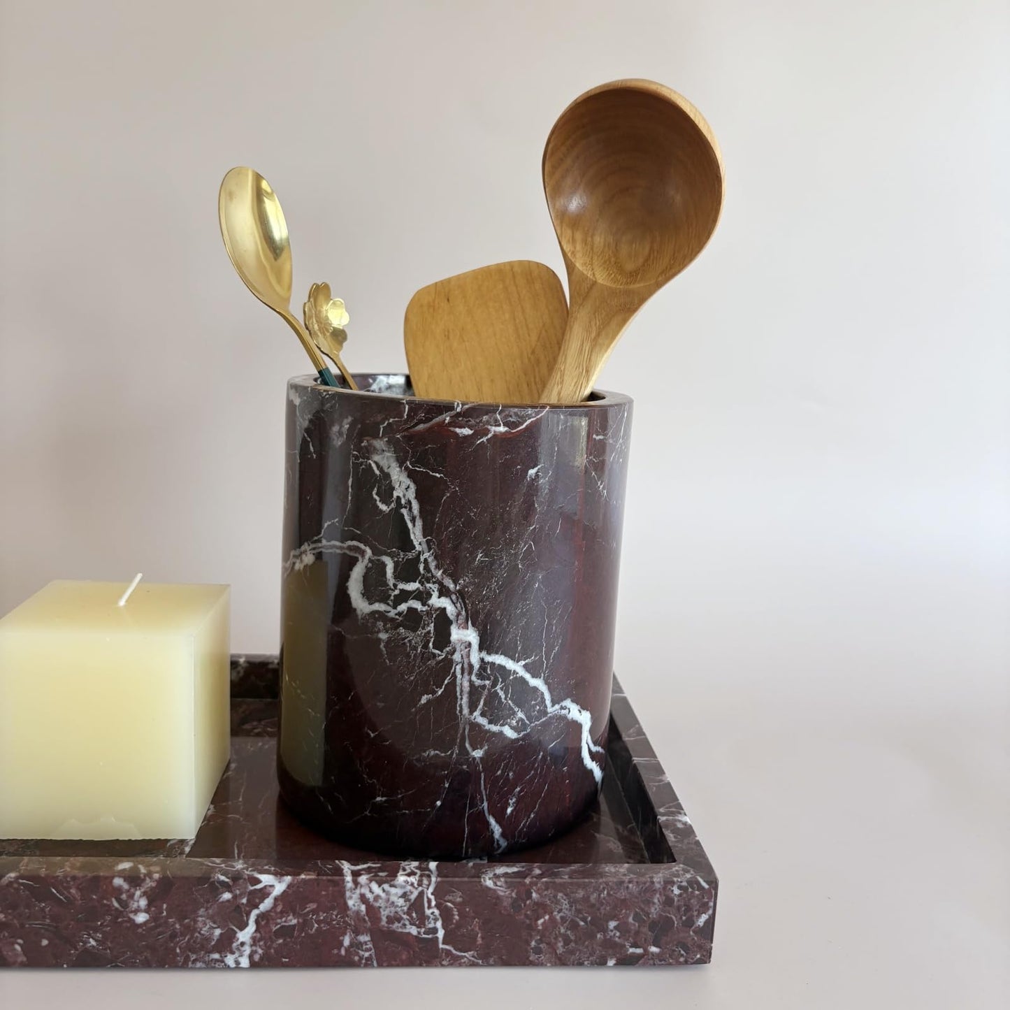 StonePlus Handmand Natural Marble with Holes Stone Vintage Kitchen Utensil Holder - 5.1" D X 6.3" H Kitchen Counter Organizers and Storage Tool Crock (Rosa Levanto Marble)