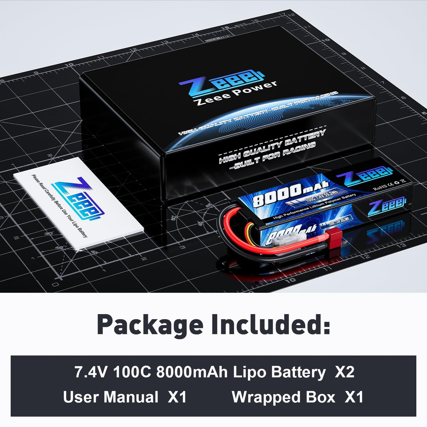 Zeee 2S Lipo Battery 8000mAh 7.4V 100C Hard Case with T Plug for RC Car Truck Truggy Boat Helicopter(2 Pack)