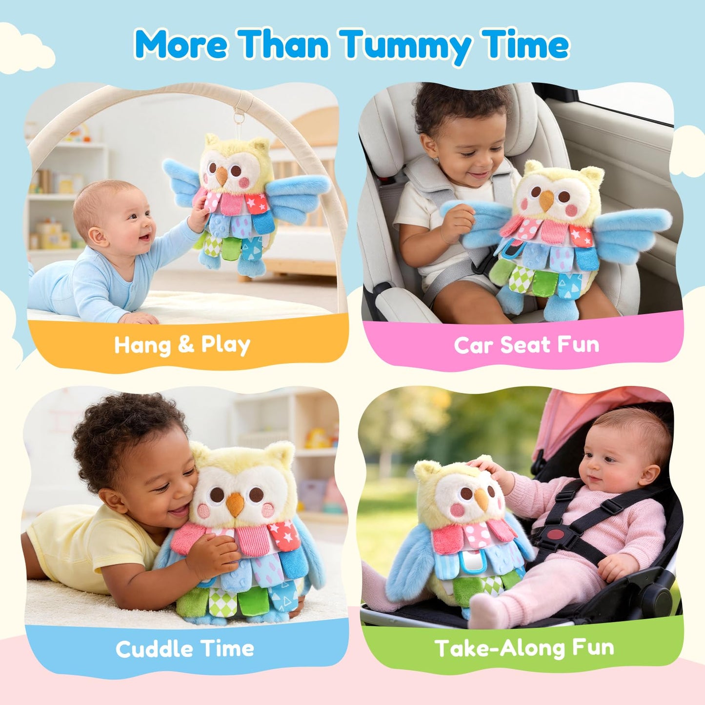 JoyCat Flip Owl Stuffed Animal, Soft Baby Sensory Toy with Multi-Textured Crinkle, Squeaker & Baby Mirror, Infant Tummy Time Toy for 0-9 Months, Newborn Baby Boy Girl Gift