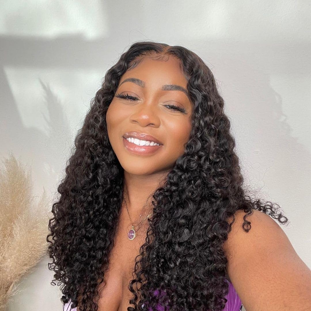 Josblue Deep Wave Lace Front Wigs Human Hair 180% Density 4x4 HD Transparent Lace Closuret Wet and Wavy Human Glueless Wigs for Black Women Pre Plucked with Baby Hair Nature Color
