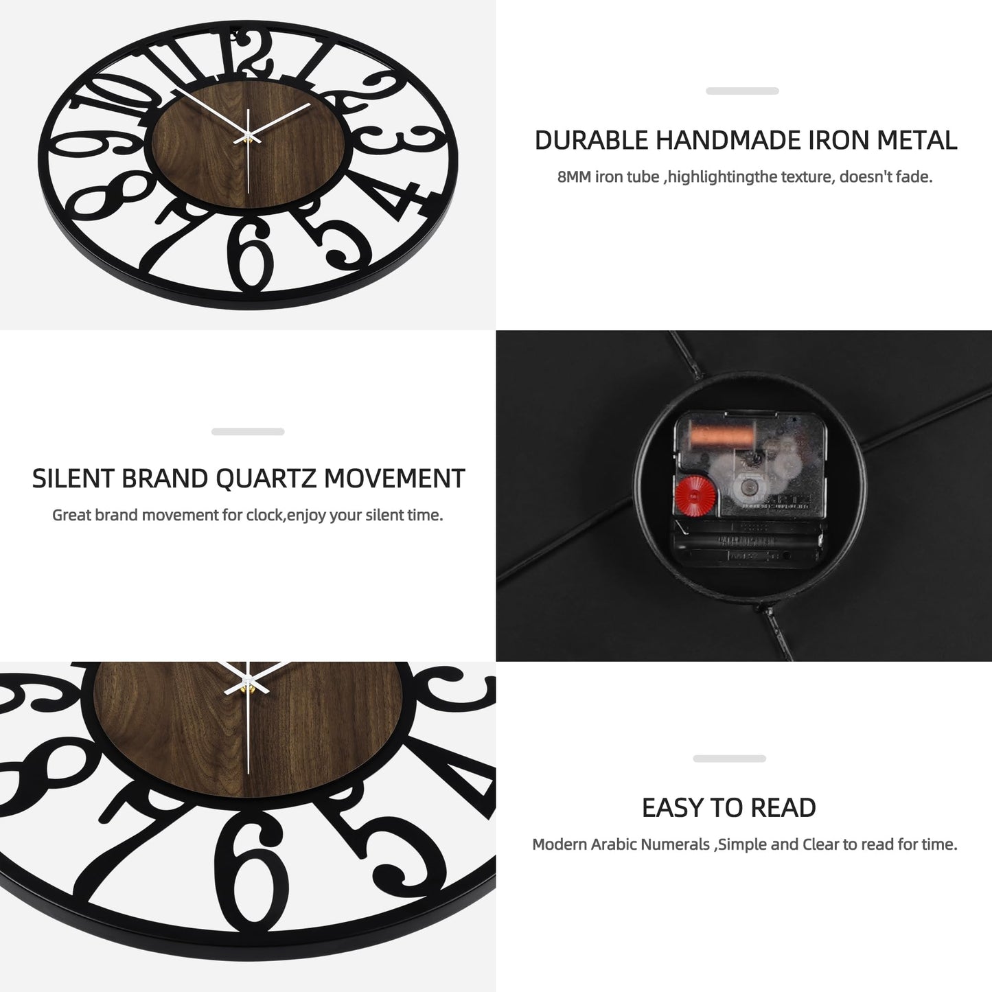 Maxstar Round Wall Clock for Living Room Decor Battery Operated Non Ticking Black Metal Wood Clocks for Home Living Room Garden Office Kitchen Decoration -16 inch