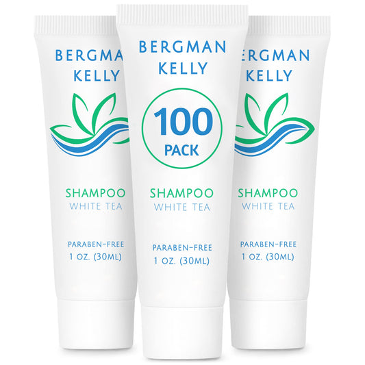 BERGMAN KELLY - Travel Size Hotel Shampoo - 1 fl oz, 100 PK, White Tea - Delight Your Guests with Revitalizing & Refreshing Hair Cleanser for Guest Hospitality - Mini & Small Size Shampoo in Bulk