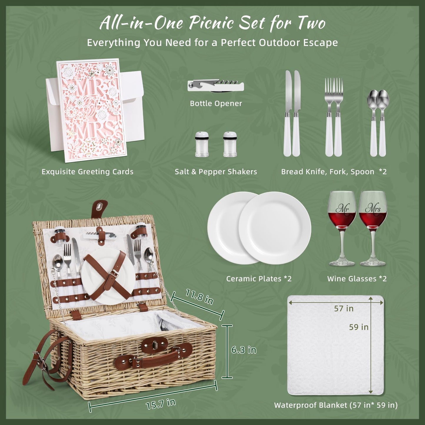 Picnic Basket for 2, Bridal Shower Gift Wedding Gifts with Mr Mrs Wine Glasses and Greeting Card, Engagement Newly Weeding Gifts for Couples 2026, Wicker Picnic Set Kit with Blanket Cooler for Beach