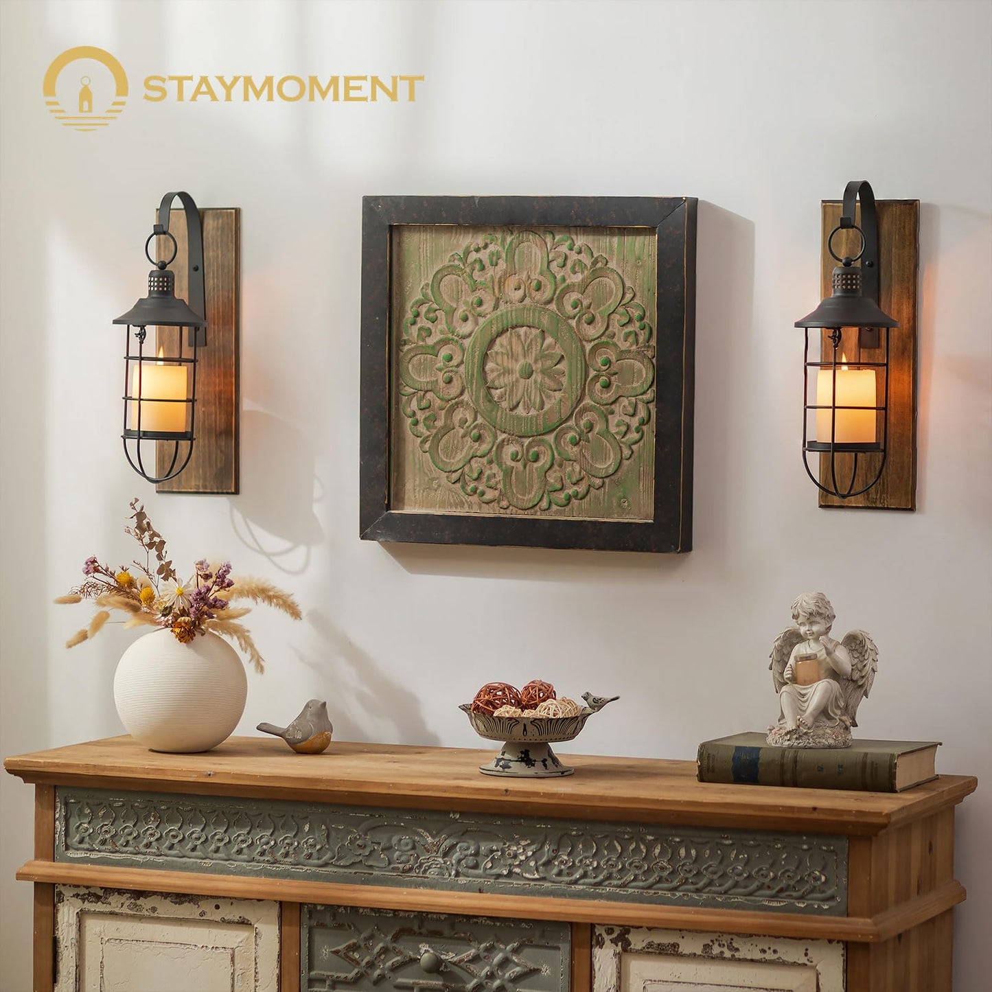 Staymoment Wall Sconces Candle Holder: Set of 2 Farmhouse Wall Lantern Decor Wood Brown Decorations Indoor for Living Room Front Door Porch