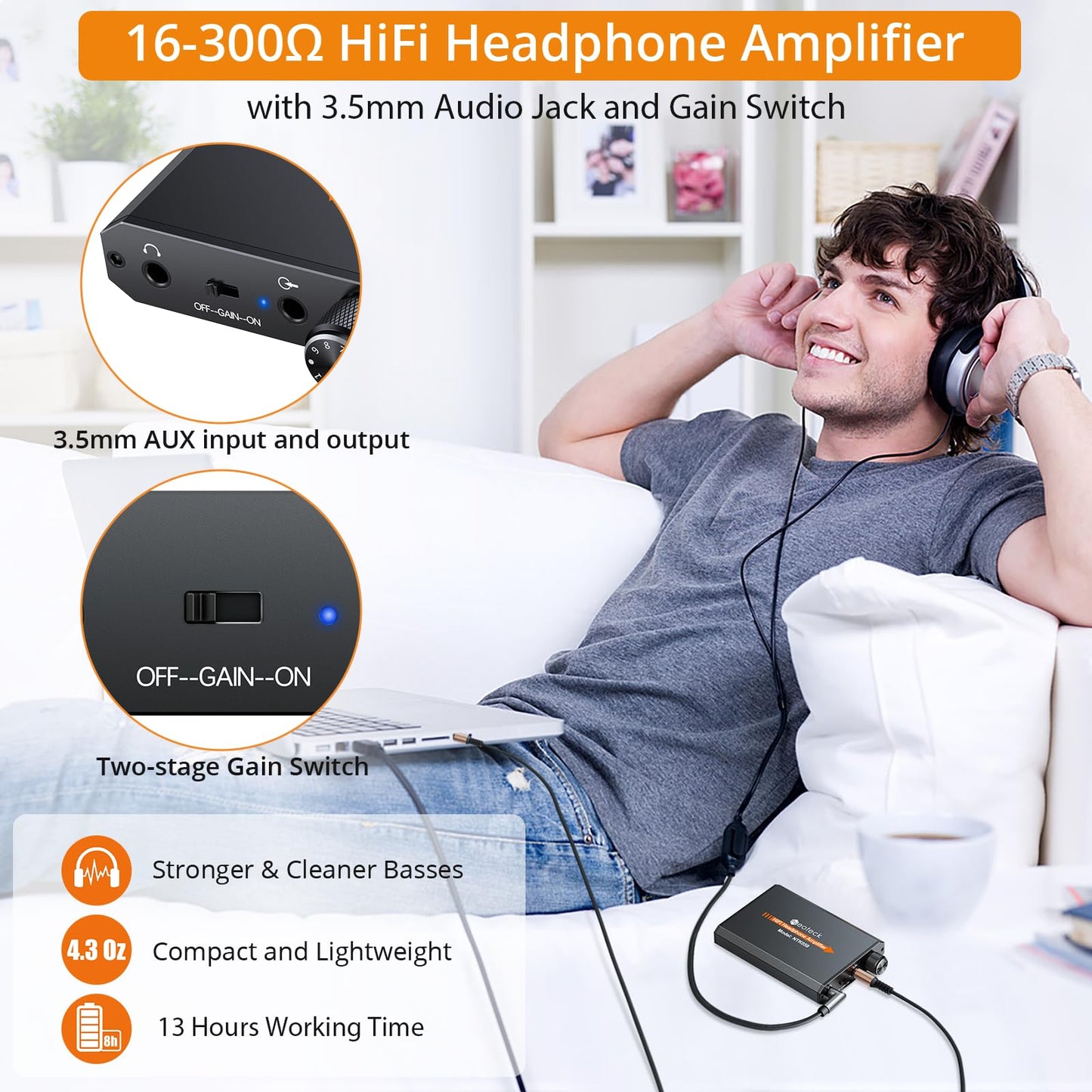 Neoteck Portable 3.5mm Headphone Amplifier Two-Stage Gain Switch, 16-150 Ohm, Aluminum Matte Surface