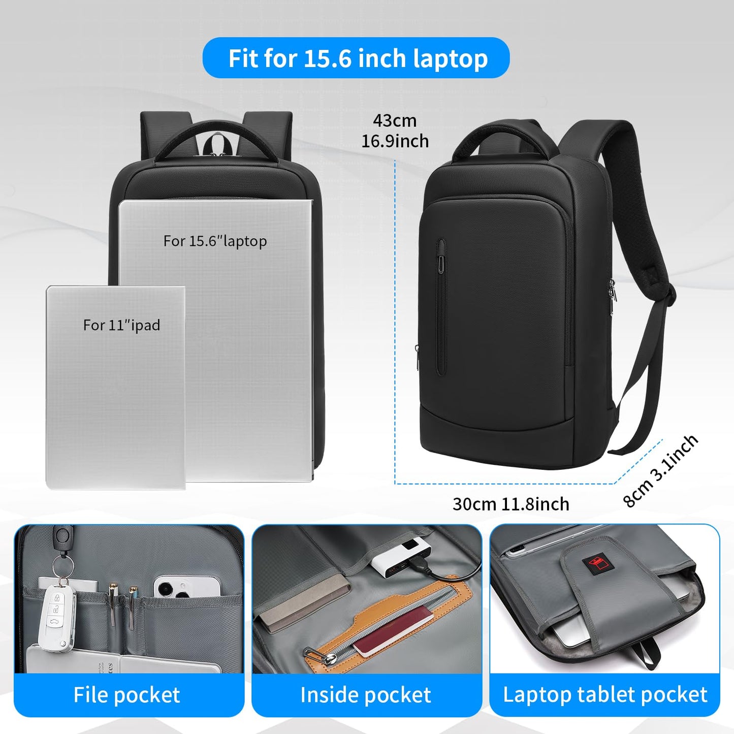GYakeog Slim Business Laptop Backpack for Men 15.6 Inch Computer Lightweight Anti-Impact Protection Travel Backpacks Water Resistant Laptop Bag for Work Office College-Black