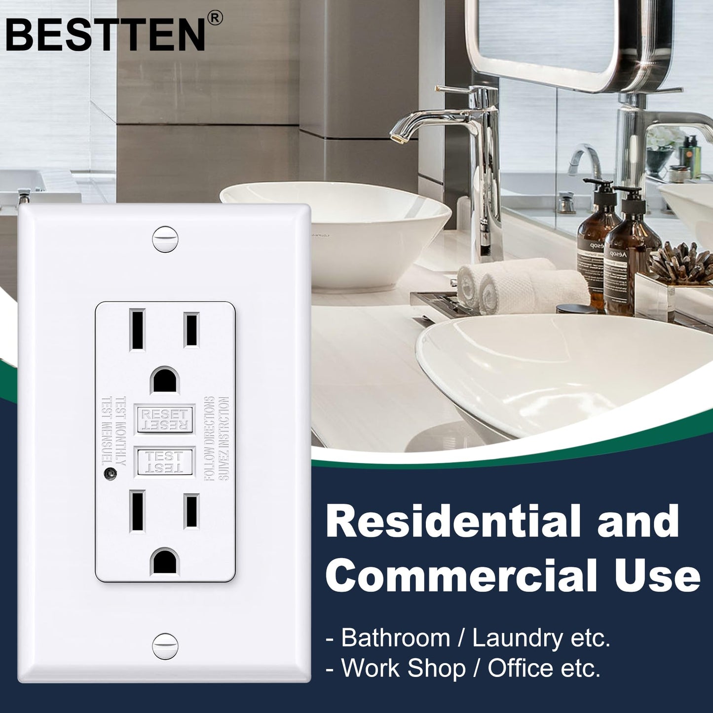 BESTTEN GFCI Outlet 15 Amp, GFI Receptacle Outlet with LED Indicator, Ground Fault Circuit Interrupter, Non-Tamper-Resistant, Wallplate Included, ETL Certified, 10 Pack, White