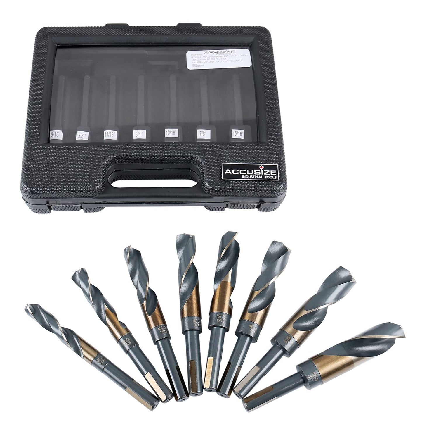Accusize Industrial Tools M35 (H.S.S.+5% Cobalt) 1/2" Shank and Drill - 9/16" to 1", Set of 8 Pieces, H516-6507
