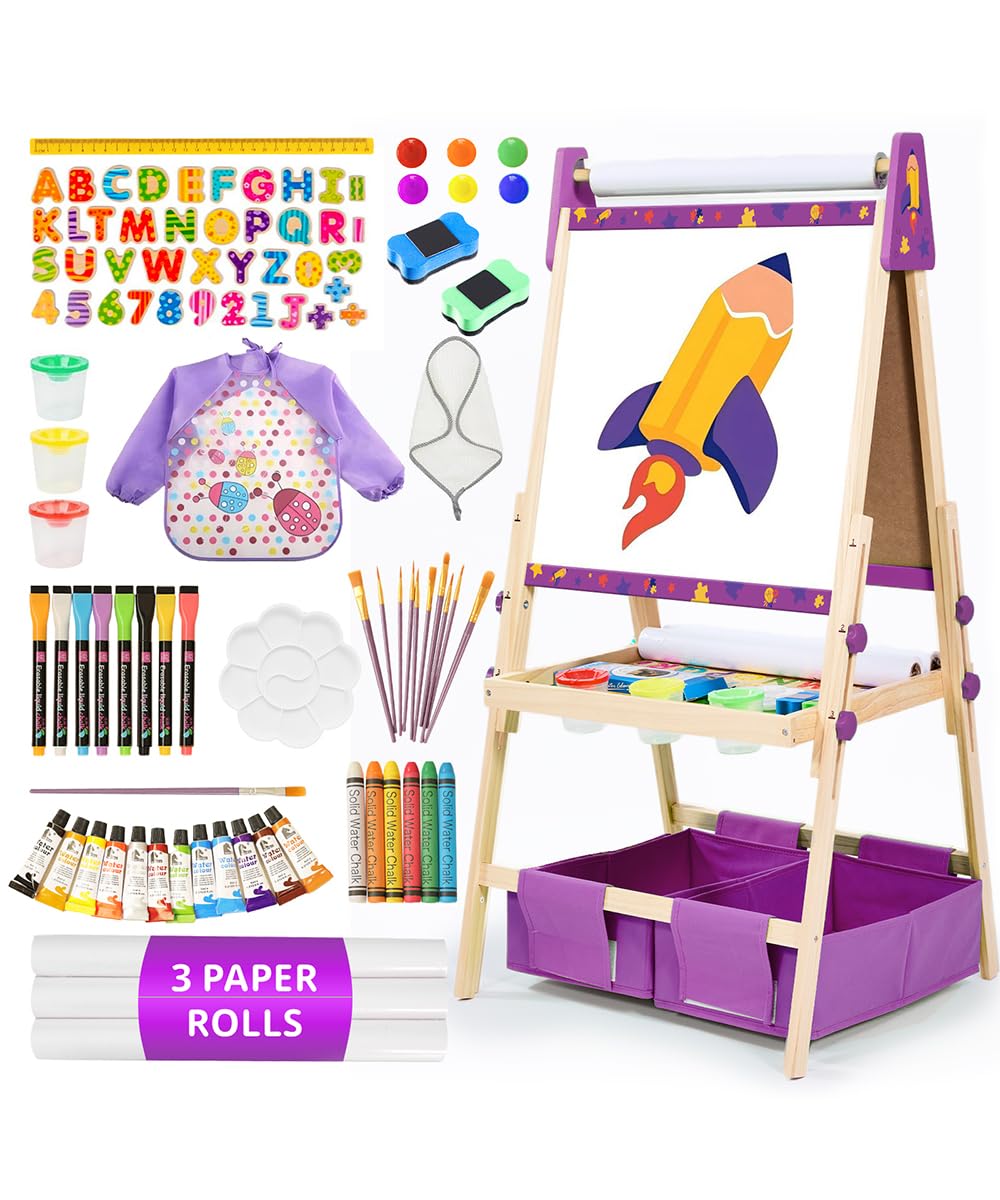 Art Easel for Kids with 3 Paper Roll, Magnetic Whiteboard and Chalkboard,Adjustable Standing Wooden Toddler Easel for Painting Double Sided,3in1 Painting Easel for Kids 2-4 4-8 Boys Girls Gift Purple