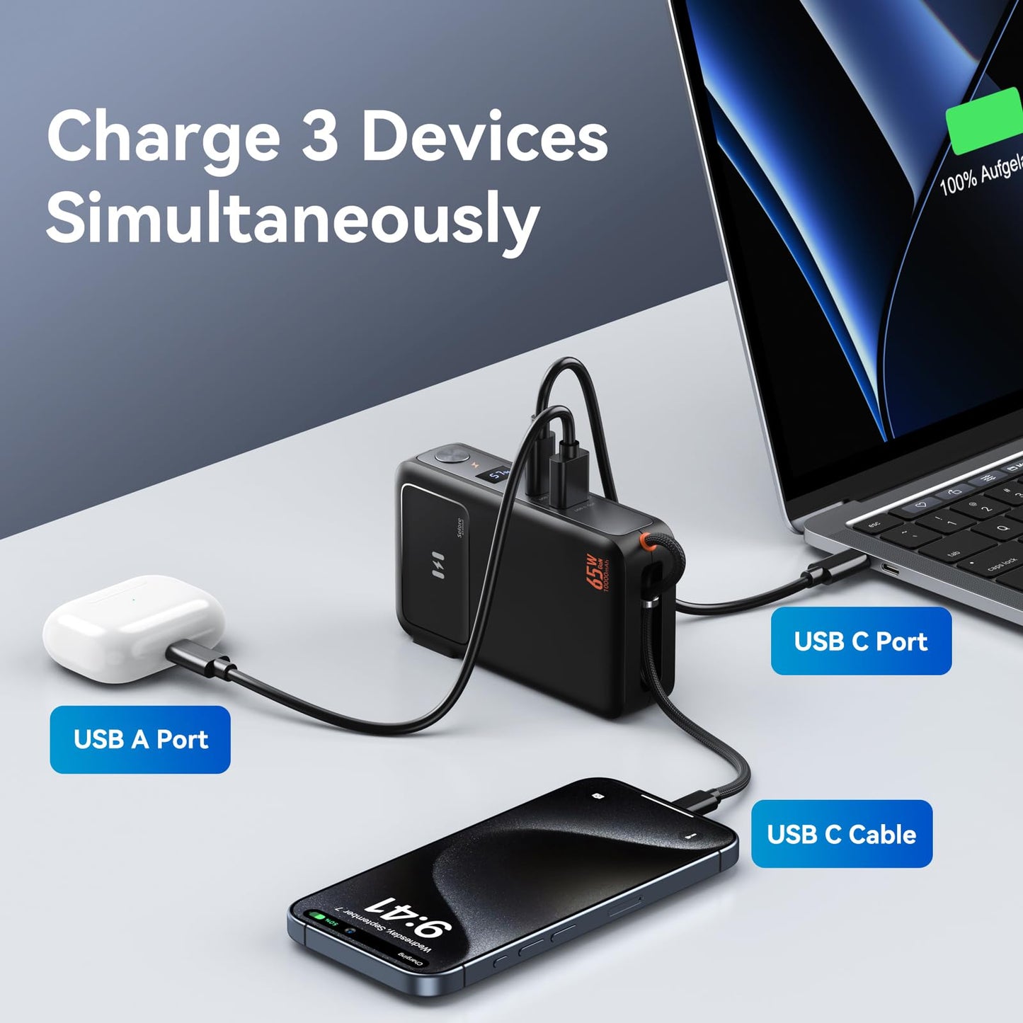 3-in-1 Portable iPhone Charger with 65W AC Wall Plug, 10,000mAh Power Bank with 35W Built-in USB-C Cable, LED Display Battery Pack Fast Charging Compatible with iPhone, iPad, MacBook, Laptop