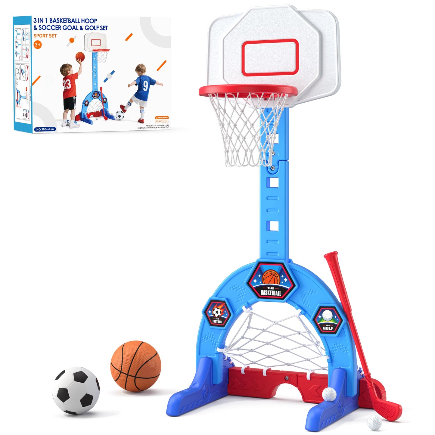 HYES Toddler Basketball Hoop, 3-in-1 Sports Activity Center with Soccer Goal, Golf Game, 5 Height Adjustable Kids Basketball Hoop, Indoor Outdoor Playset Toys Gifts for Boys Girls 3-5, Blue