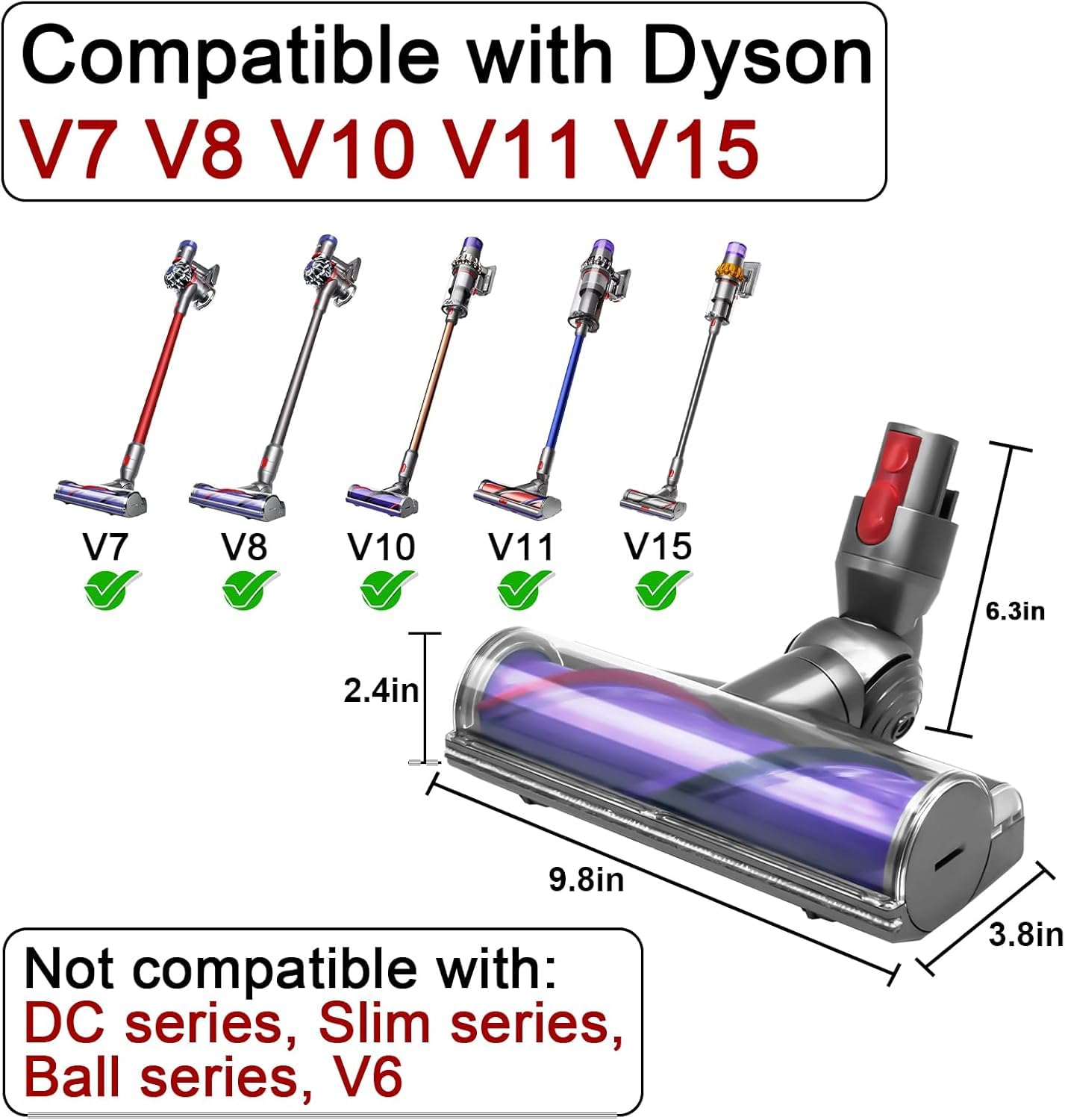 Quick-Release Motorhead Cleaner Compatible with Dyson V7 V8 V10 V11 V15 Vacuums Animal Absolute Models Cleaner Head Dyson Replacement Part Electric Head for Hardwood Floor Carpets SV10 SV11 SV12 SV14