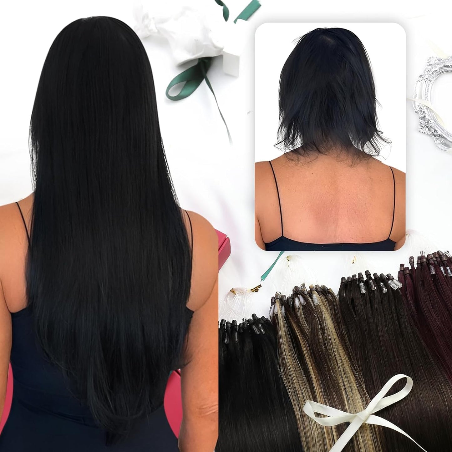 Moresoo Microlink Hair Extensions Human Hair Jet Black Micro Bead Hair Extensions Real Human Hair Black Micro Link Hair Extensions Micro Loop Hair Extensions Real Human Hair Black #1 50G/50S 24Inch