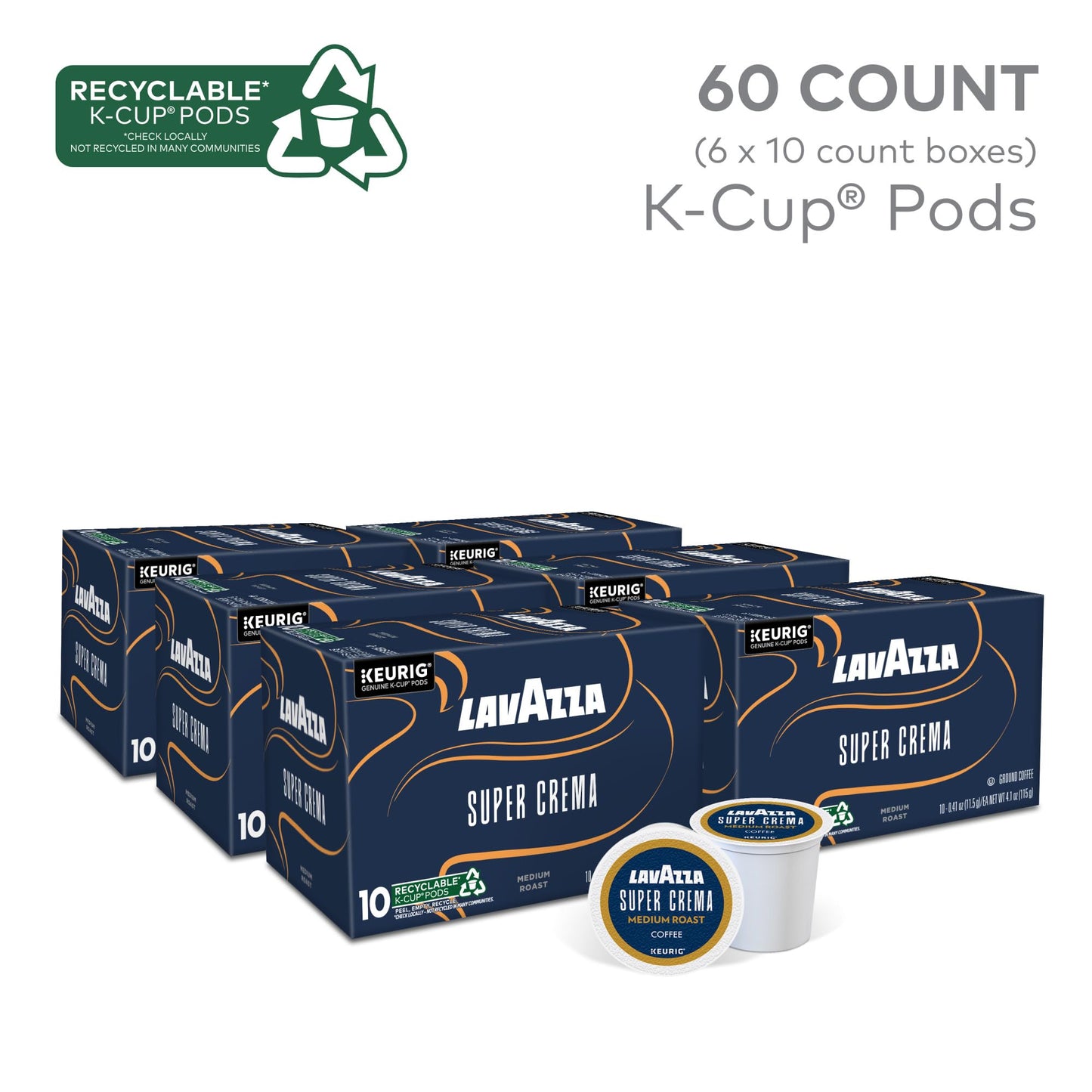 Lavazza Super Crema, Single Serve Keurig K-Cup Pods, Medium Espresso Roast Coffee, 60 Count (6 Packs of 10)