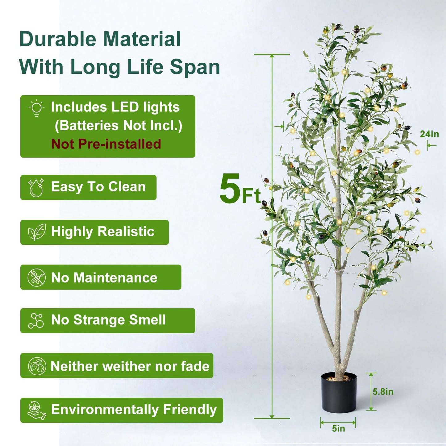 Olive Trees Artificial Indoor, 5FT Tall Faux Olive Tree with Moss and Planter, Artificial Plants Indoor with Realistic Silk Leaves and Lifelike Fruits, Fake Tree for Home Office Living Room Decor