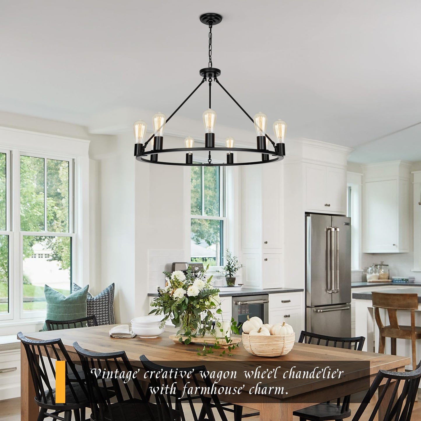 Senyshilon 9-Lights Farmhouse Chandelier | Dia 32'' Black Wagon Wheel Chandelier | Rustic Hanging Dining Room Light Fixture | Apply to Living Room | Kitchen Island | Entryway | Foyer