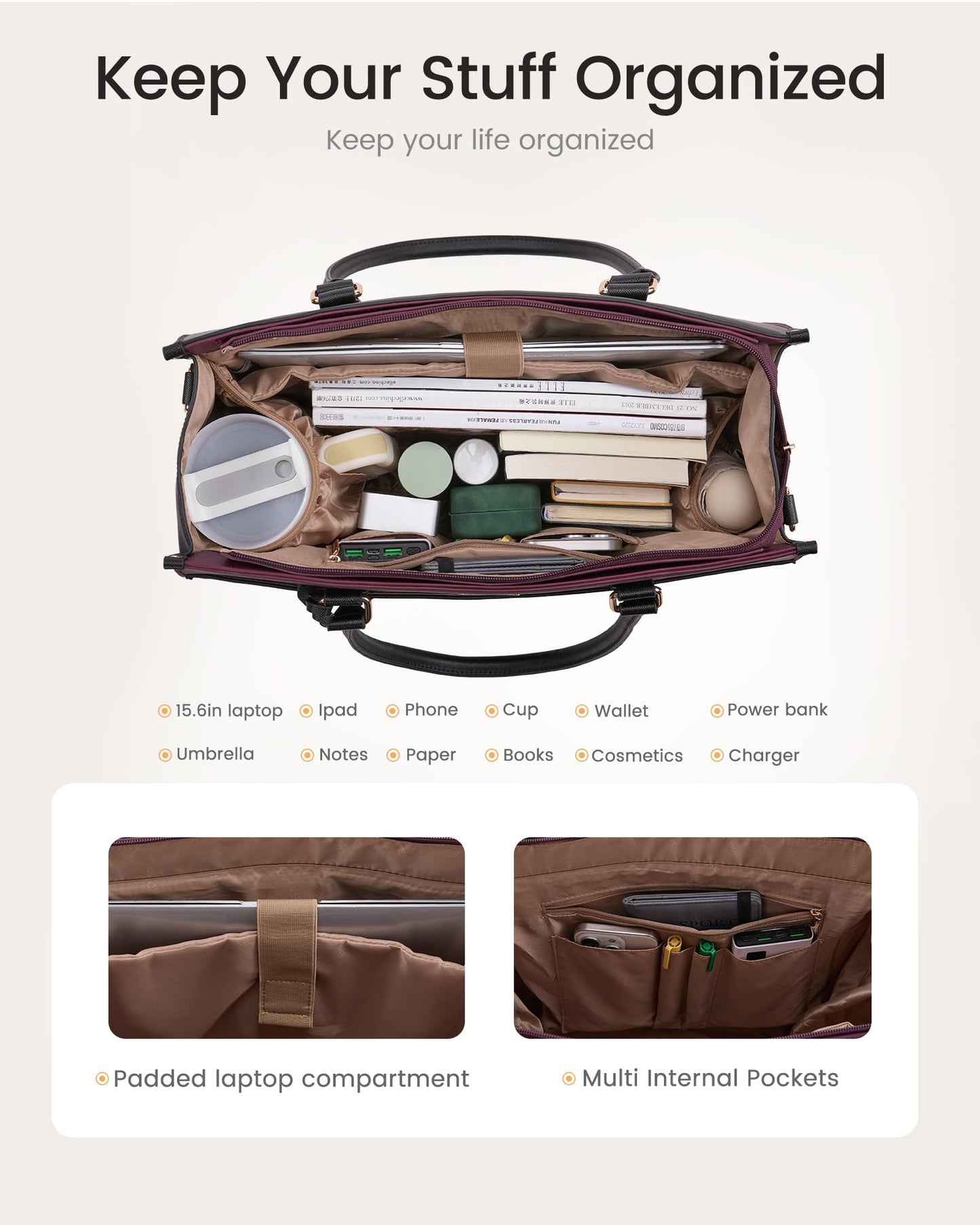 LOVEVOOK 15.6 inch Laptop Bag for Women, 2-in-1 Multi-Pocket Leather Tote Purse with Elegant Clutch & Cup Holder, Waterproof Large Structured Capacity Work Briefcase for Office Travel, Wine Red-Black