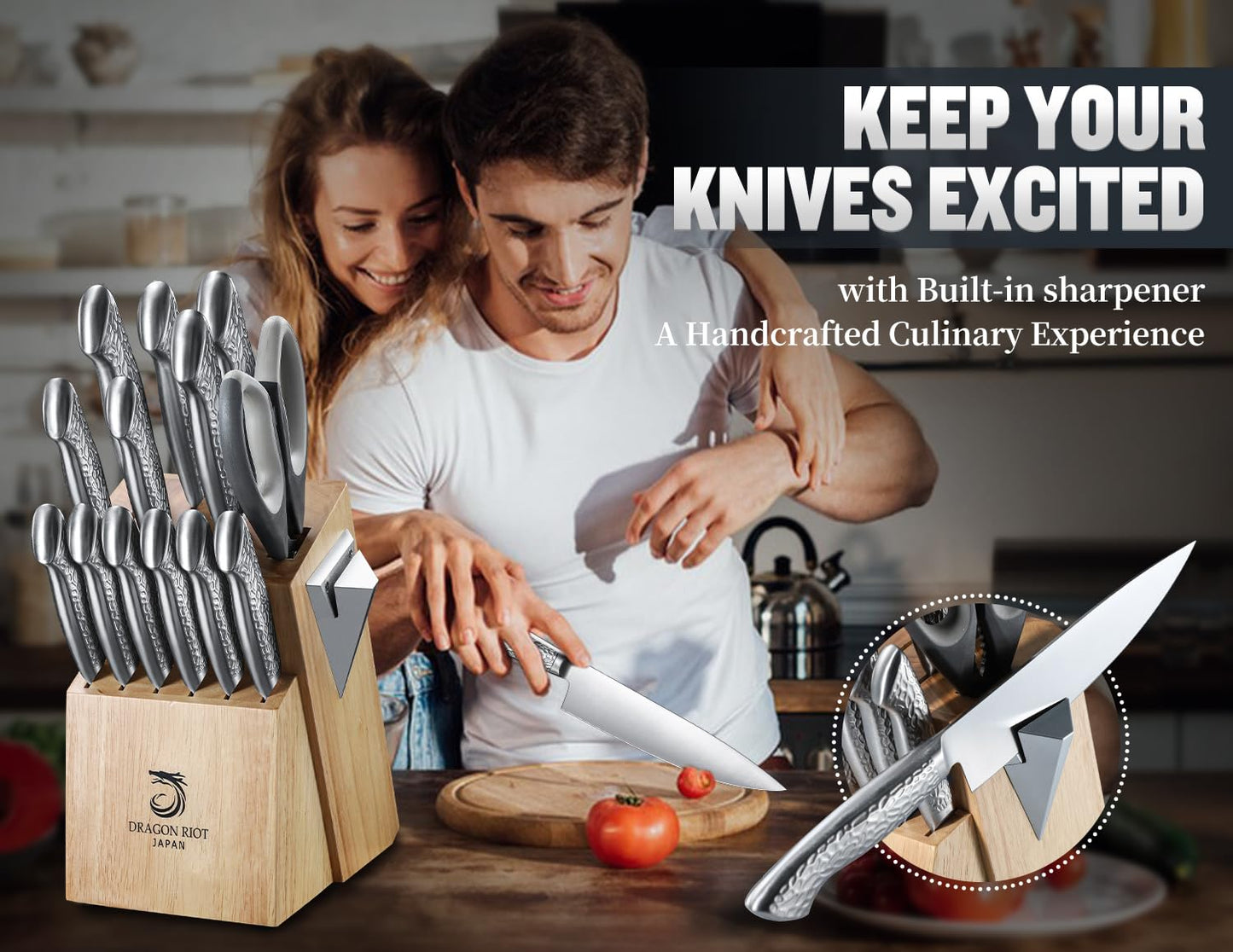 14 PCS Knife Set with Wood Block - Stainless Steel Kitchen Knife Block Set with Built in Sharpener, Dishwasher Safe, Rust Resistant, Non-Slip Ergonomic Handle - Gift for Men Women and Housewarming