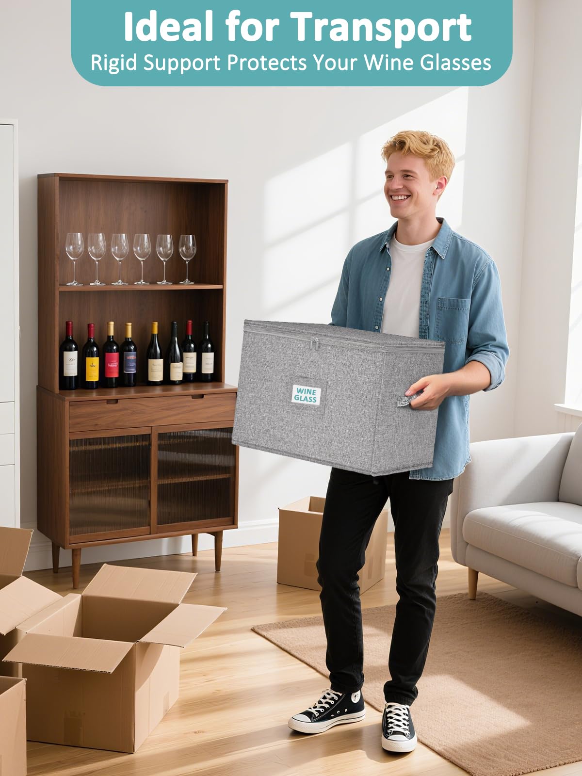 Cirhy Wine Glass Storage Box Hard Shell, Stemware Storage Containers for Moving, Holds 24 Crystal Glasses & Flutes, Stackable Glassware Chest with Dividers, Grey (2-Pack)