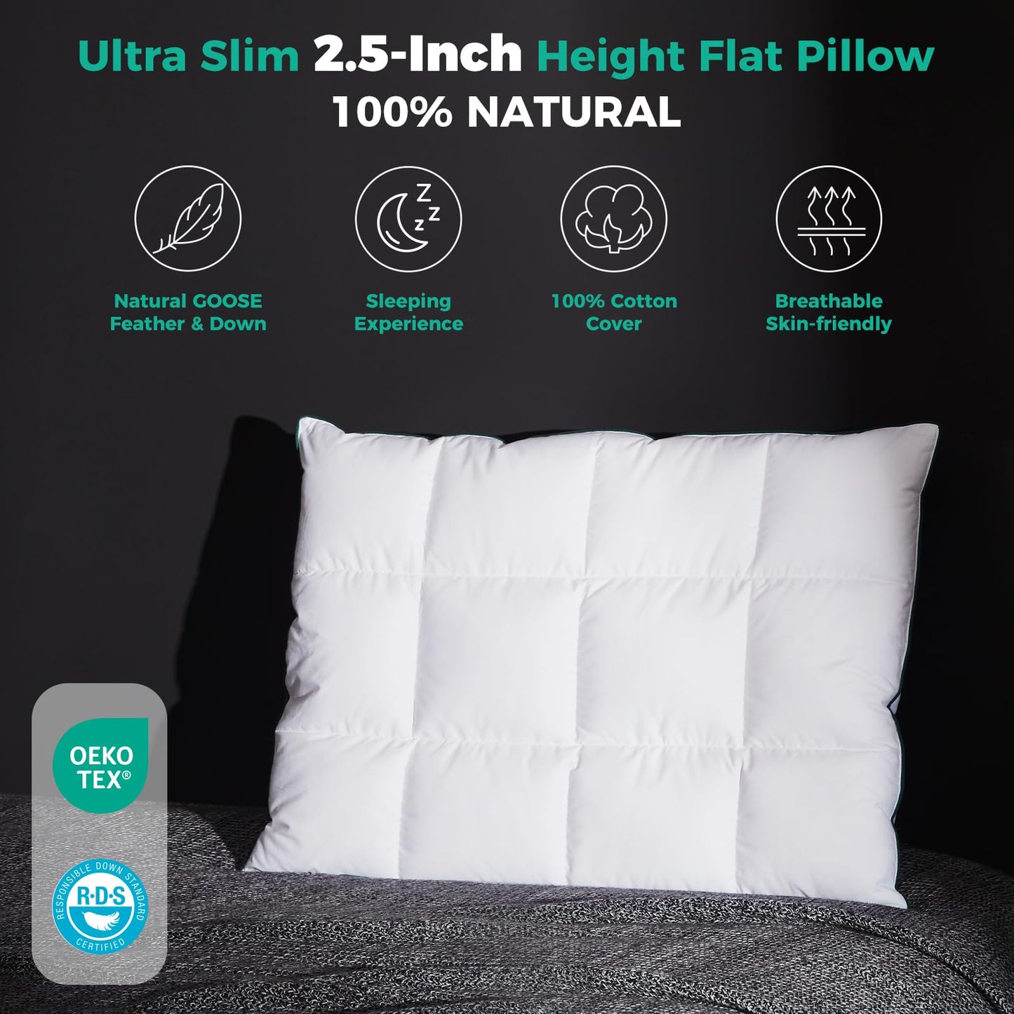 Three Geese Ultra Thin Flat Goose Down Feather Pillows for Sleeping Standard Size, 2.5" Height, 100% Cotton Cover, Ultra Slim Hotel Collection Bed Pillow for Stomach, Back Sleeper, 18x26 in.