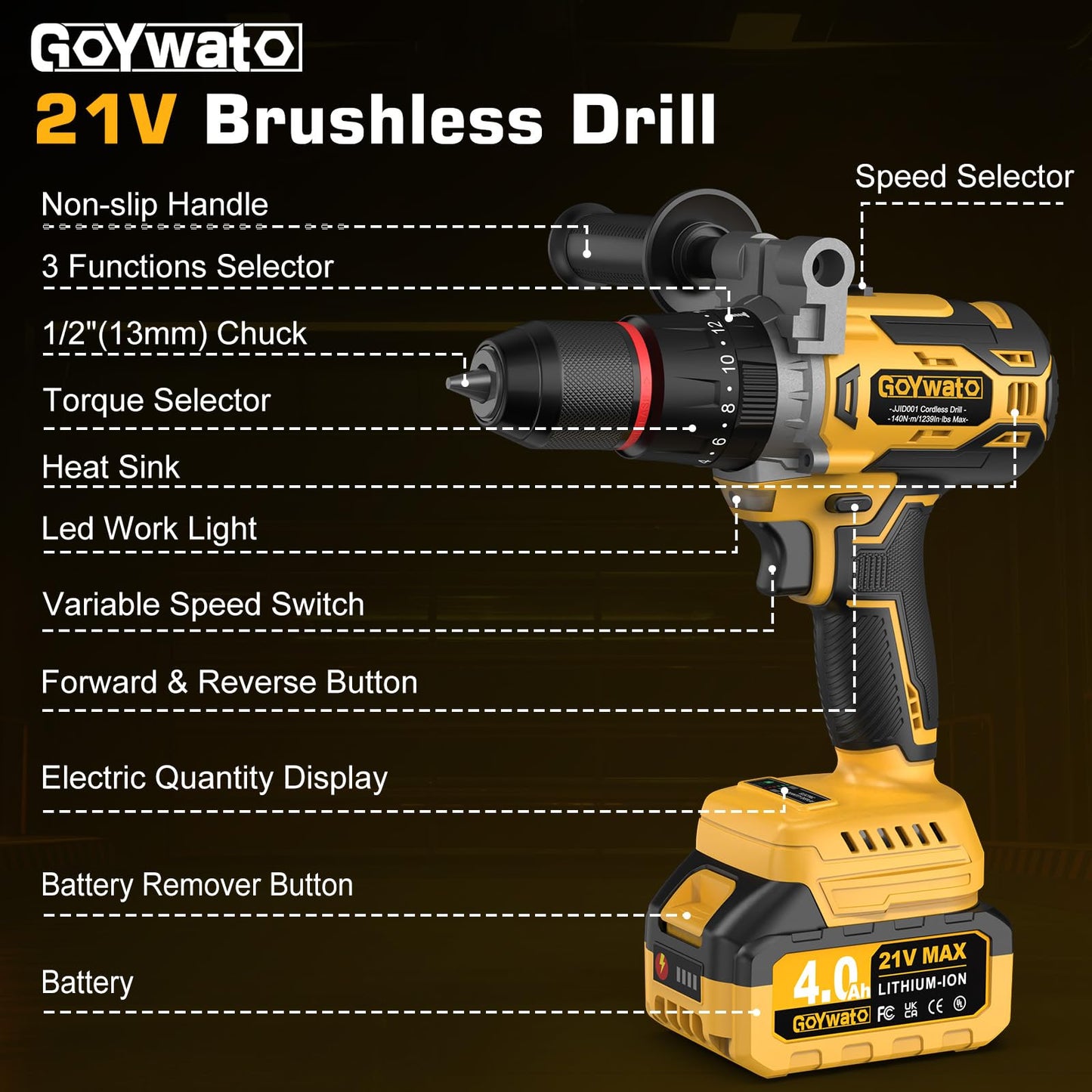 GoYwato 1239In·lbs Cordless Hammer Drill - 140N·m 21V Brushless Electric Power Impact Drill Set w/ 2 x 4.0Ah Battery & 1/2Inch Self-Locking Metal Chuck & 36Pcs Accessory for Drilling Wood Bricks Metal