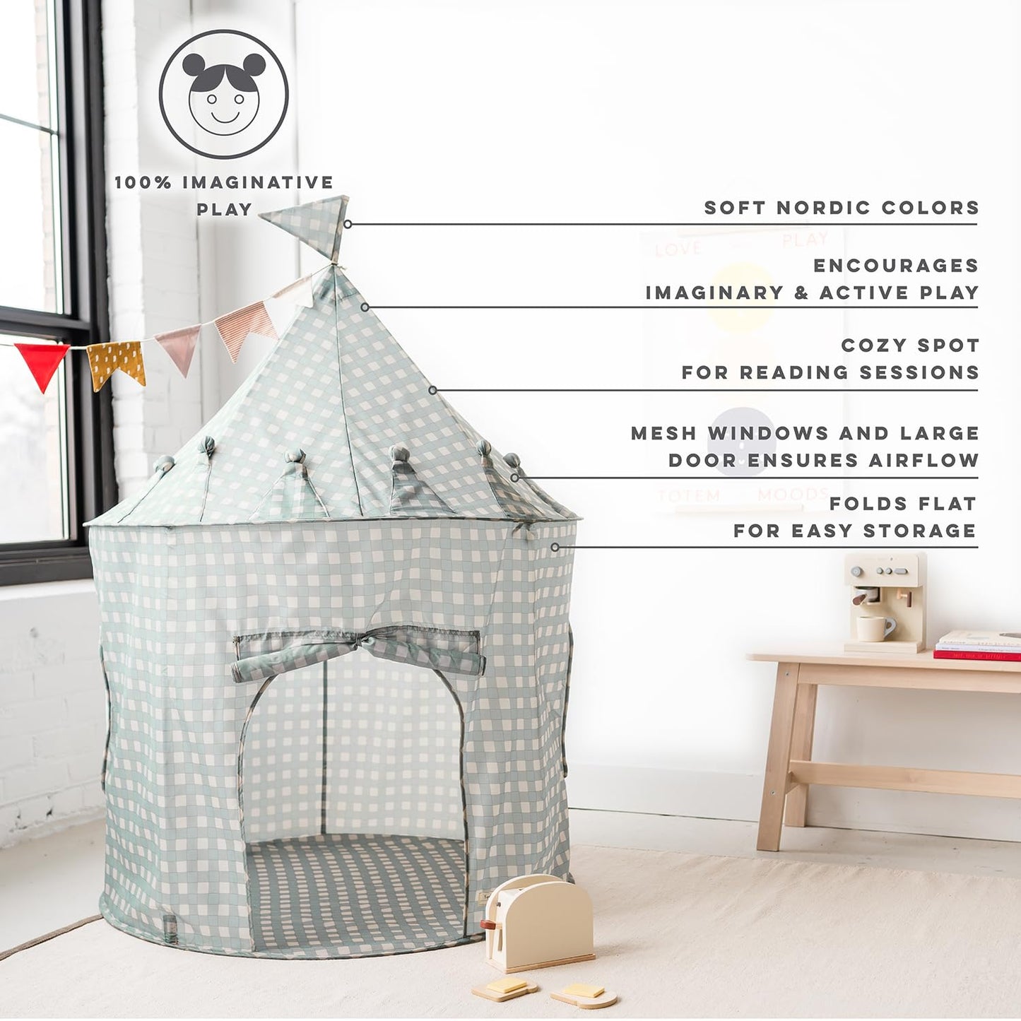 3 Sprouts Kids Play Tent - Sustainable Recycled Fabric – Fun Spacious Childs Playhouse for Indoor Games for Boys & Girls - Durable Fort Pop Up House for Toddlers & Children Age 3-10 - Gingham Blue