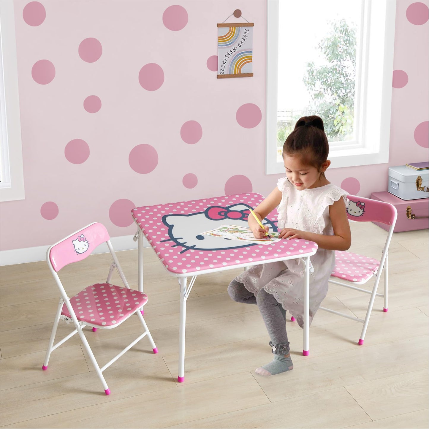 Hello Kitty Kids Activity Table and Chair Set, 3-Piece Square Table with 2 Folding Chairs, Sanrio Character Design,Furniture Set for Ages 3+