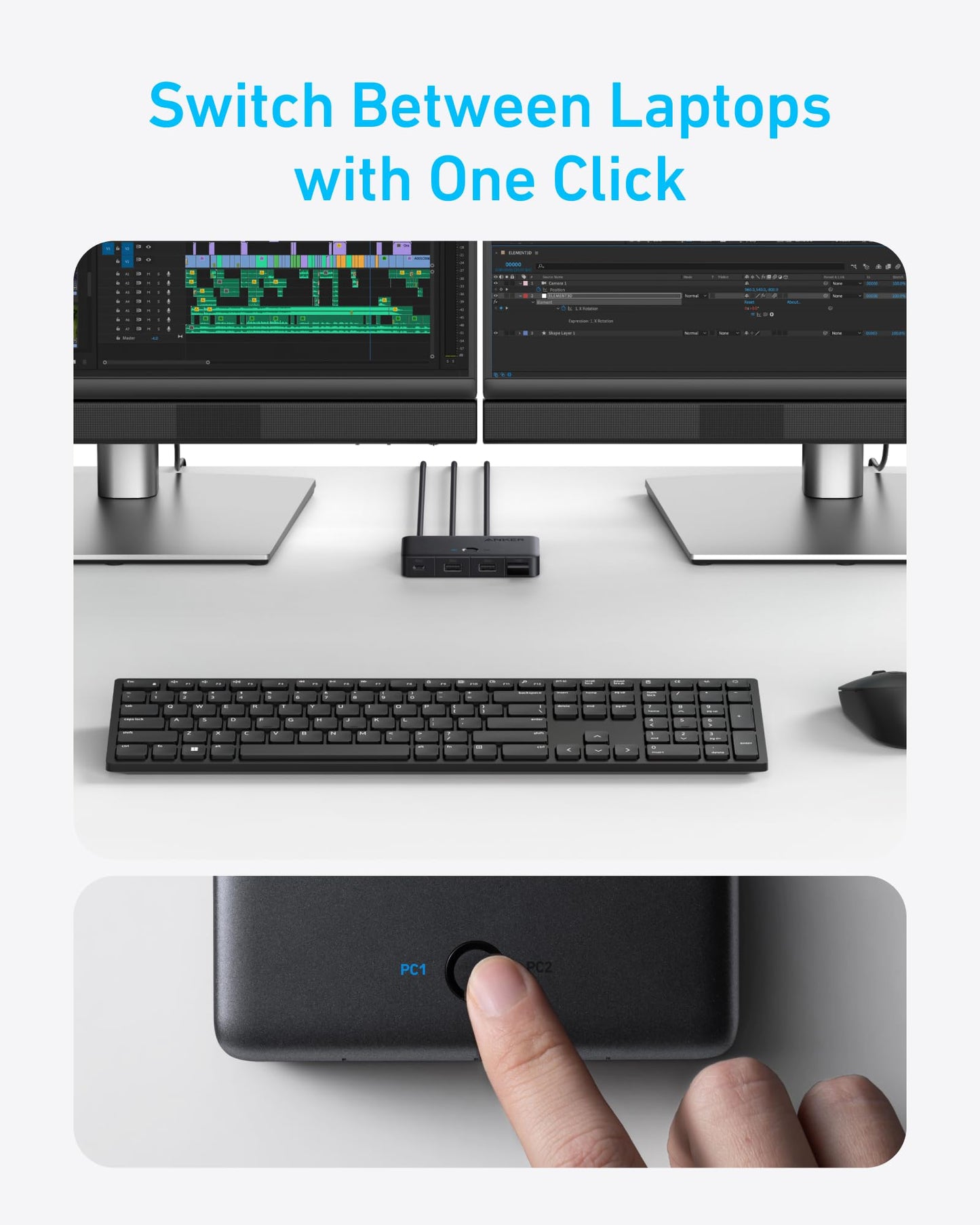 Anker USB 3.0 Switch, Easy One-Click Device Switching for 2 Laptops or Desktops, 3 USB-A Ports, 5Gbps Data Transfer, Compatible with Windows, macOS, Linux