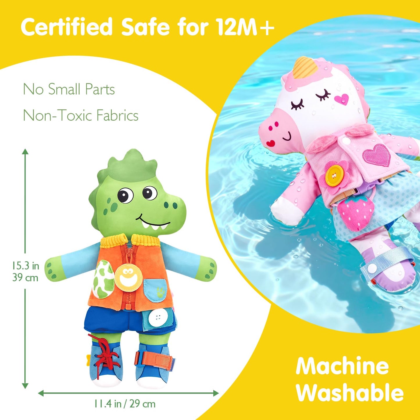 hahaland Montessori 2-in-1 Busy Doll for Toddlers 1-3, Reversible Dinosaur & Unicorn Educational Learn to Dress Doll with 15+ Buckle, Snap & Dressing Skills, Toddler Gifts for 2 Years and Ups
