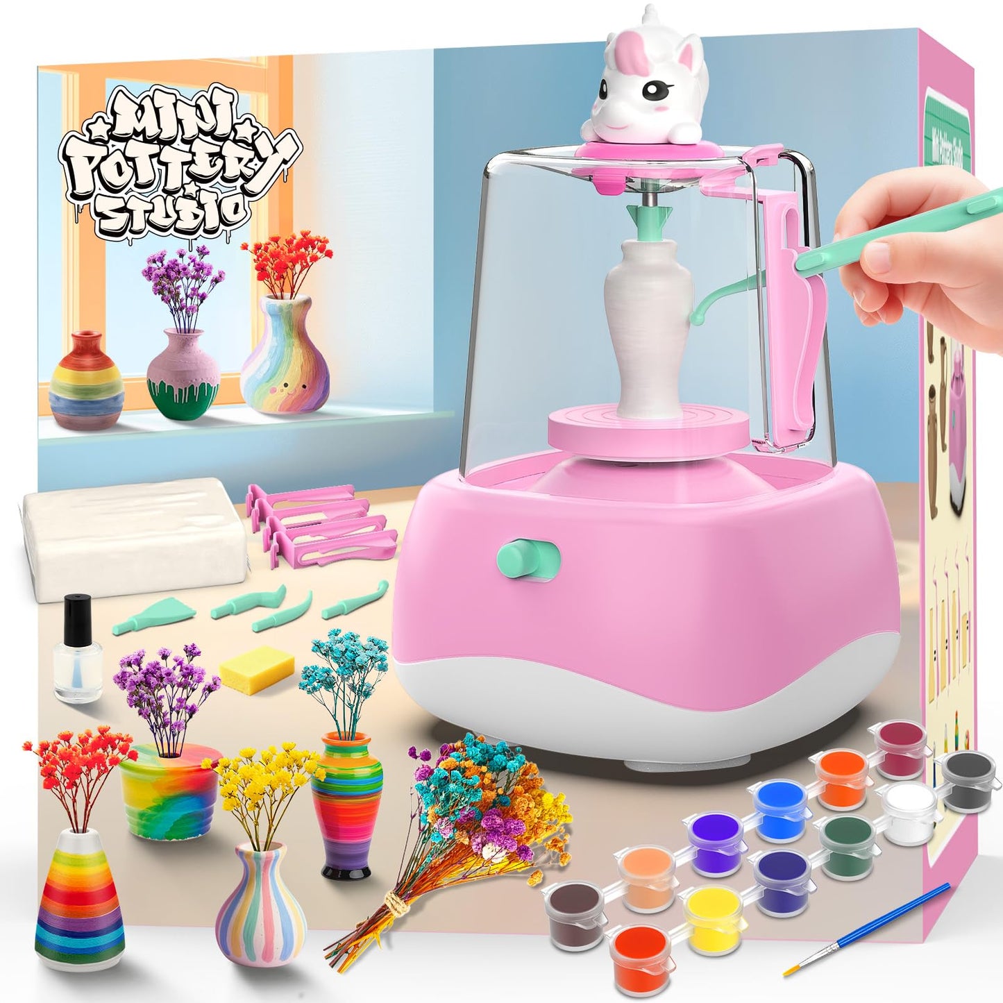 Wwzzey Mini Pottery Wheel for Kids, Pottery DIY Crafts Toy with Painting Kit Gifts for Christmas Toy for Kid Boy Girl Ages 8-12 Toys for Girl 6 7 8 9 10 11 12 Year Old- Pink