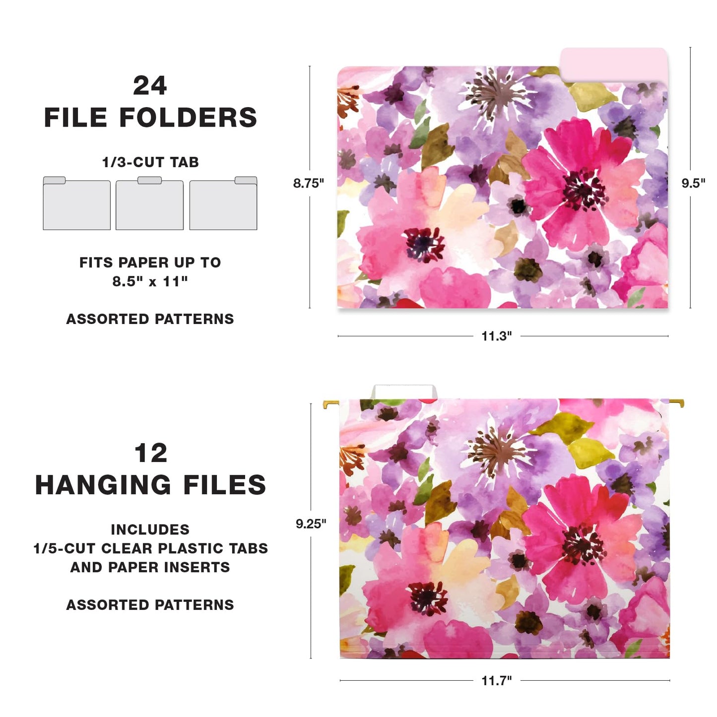 Global Printed Products Deluxe Designer Hanging File Folder Kit, Includes Metal Hanging Basket, 12 Hanging Folders, 24 File Folders, 1/3 Cut Tab, Assorted Positions, Letter Size (Floral)