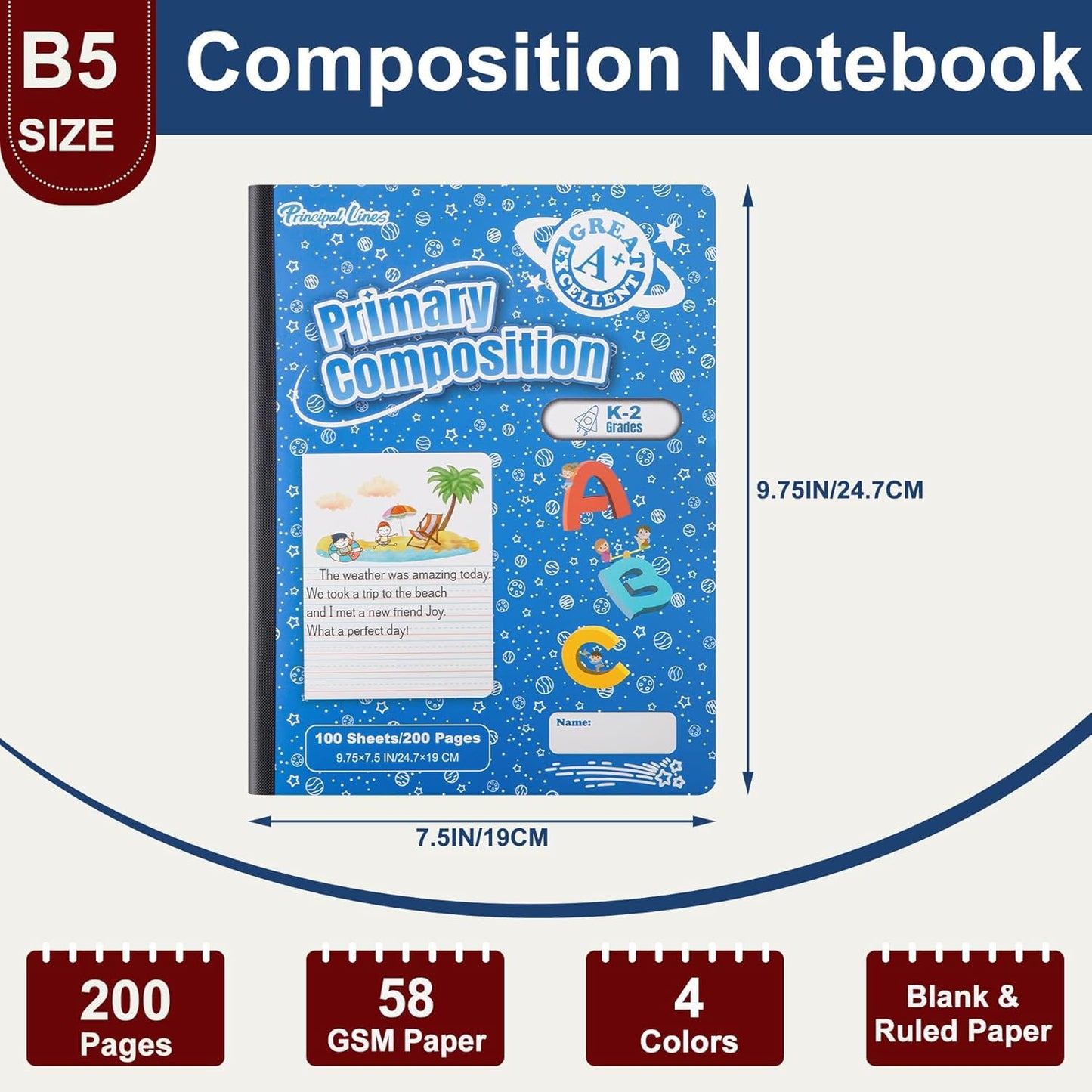 Principal Lines 24 Pack Primary Composition Notebook K-2, Primary Ruled Journal, Draw and Write Journal for Kids, Notebook School Supplies for Students, Hard Cover, 200 Pages(100 Sheets)