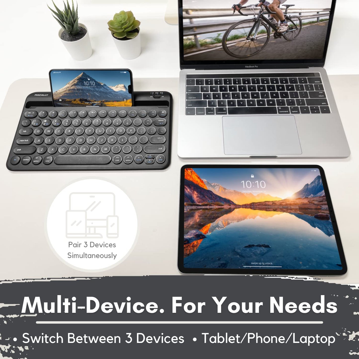 Macally Small Bluetooth Keyboard for iPhone iPad and Tablet - Multi Device Compatibility - Bluetooth Tablet Keyboard (Built-in Stand/Slot) - 78 Key iPad Wireless Keyboard or Keyboard for Android Phone