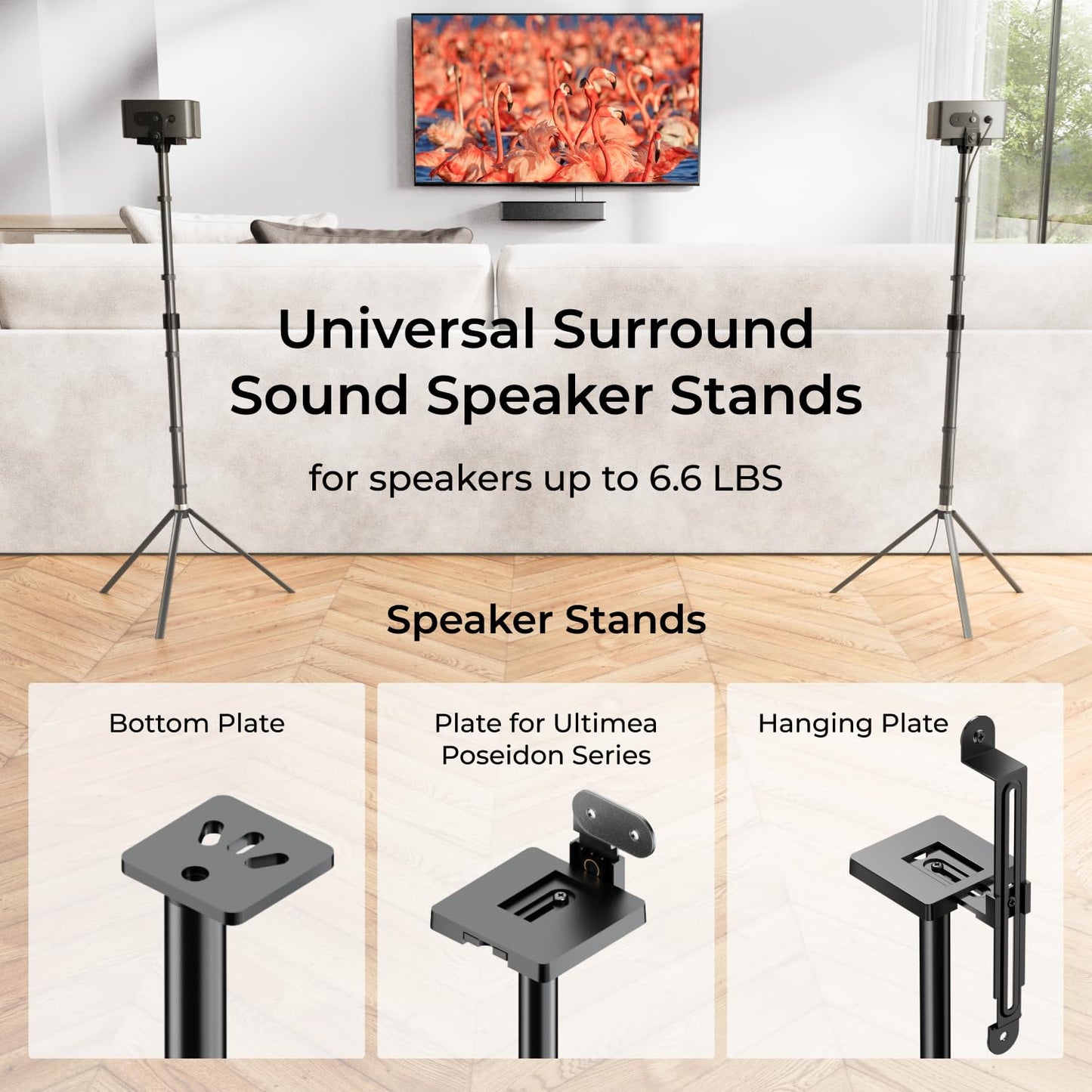 ULTIMEA Universal Speaker Stands Pair, Height Adjustable 24.4"-36.6", Fits Most Satellite & Surround Speakers, 3 Mounting Options, Holds 6.6 lbs, Easy Assembly, for Home Theater, Steady 310