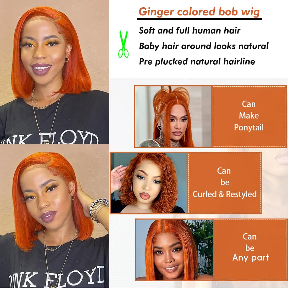 RQY Ginger Bob Wig Human Hair 8inch 13X4 Ginger Lace Front Bob Human Hair Wigs 180% Density Straight Ginger Orange Bob Lace Front Human Hair Wigs Pre Plucked Natural Hairline With Baby Hair
