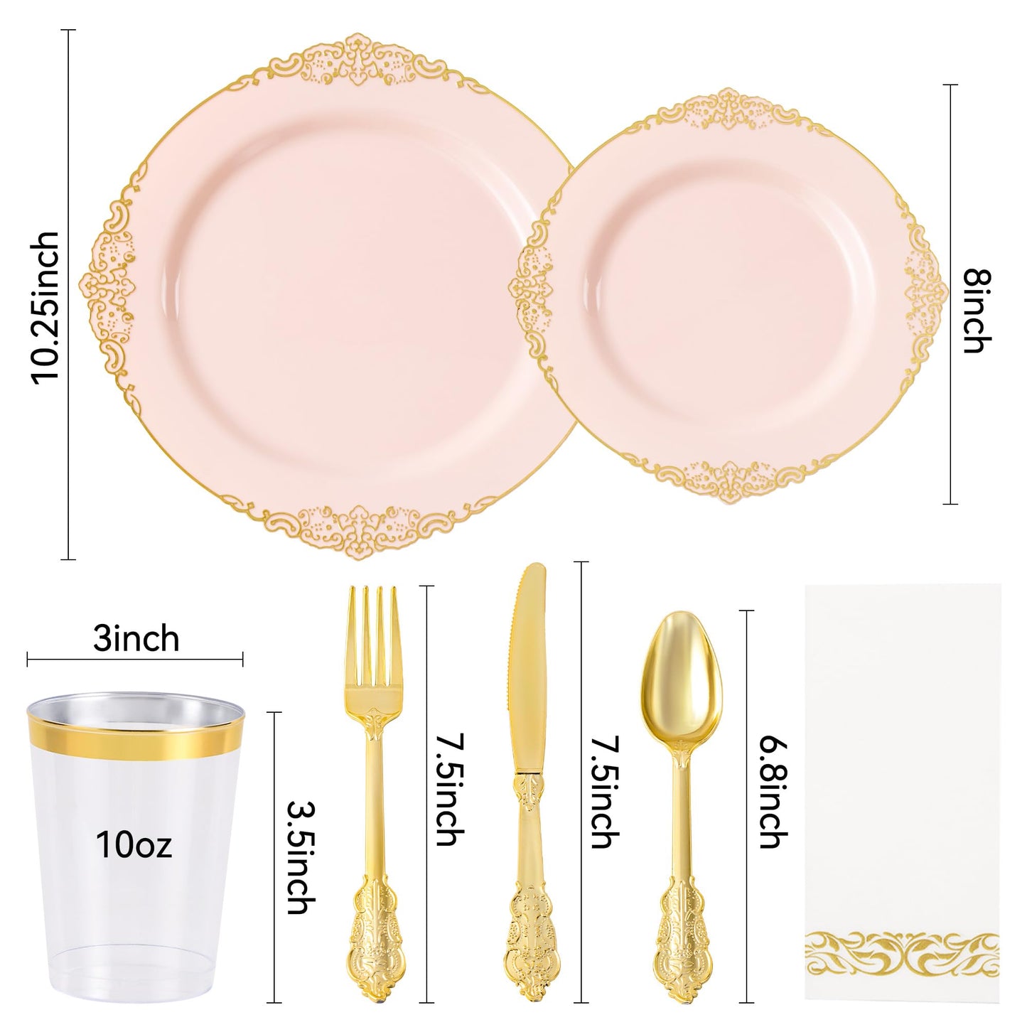 Fijinhom 350pcs Pink Plastic Plates, Elegant Disposable Dinnerware Set, 125 Pieces, White and Gold, Plates, Cups, Cutlery and Napkins (Pink, 50 Guests)