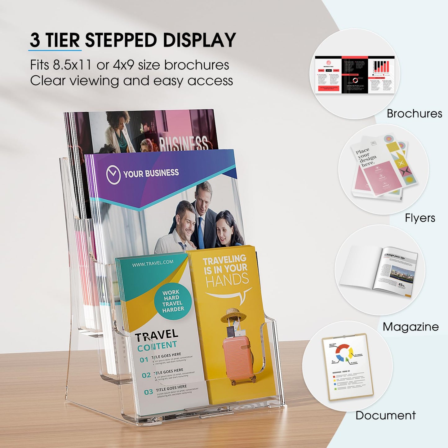 KTRIO Acrylic Brochure Holder 8.5x11 Inch, 3 Tier Literature Display Stand Clear Magazine Holder with Removable Divider for 4-inch Pamphlet, Flyers, Trifold Booklet, Wall Mount & Countertop, 2 Pack