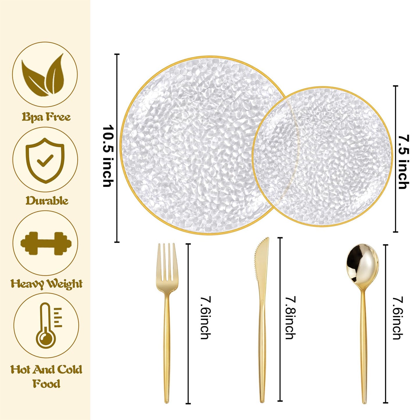 Rubtlamp 150Pcs Plastic Plates, Heavy Duty Clear Plates With Gold Rim, Hammered Gold Dinnerware Set Include 30 Dinner Plate, 30 Dessert Plate, 90 Plastic Silverware