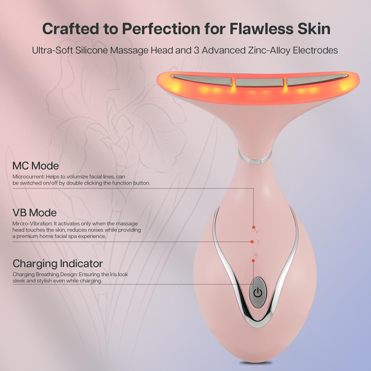 VRAIKO Iris Neck Face Massager, Pro Face Sculpting Tool with Charging Base, All-in-1 Facial Device for Enhanced Absorption, Radiance, Contouring, Elasticity, Home Facial Spa (Pink)