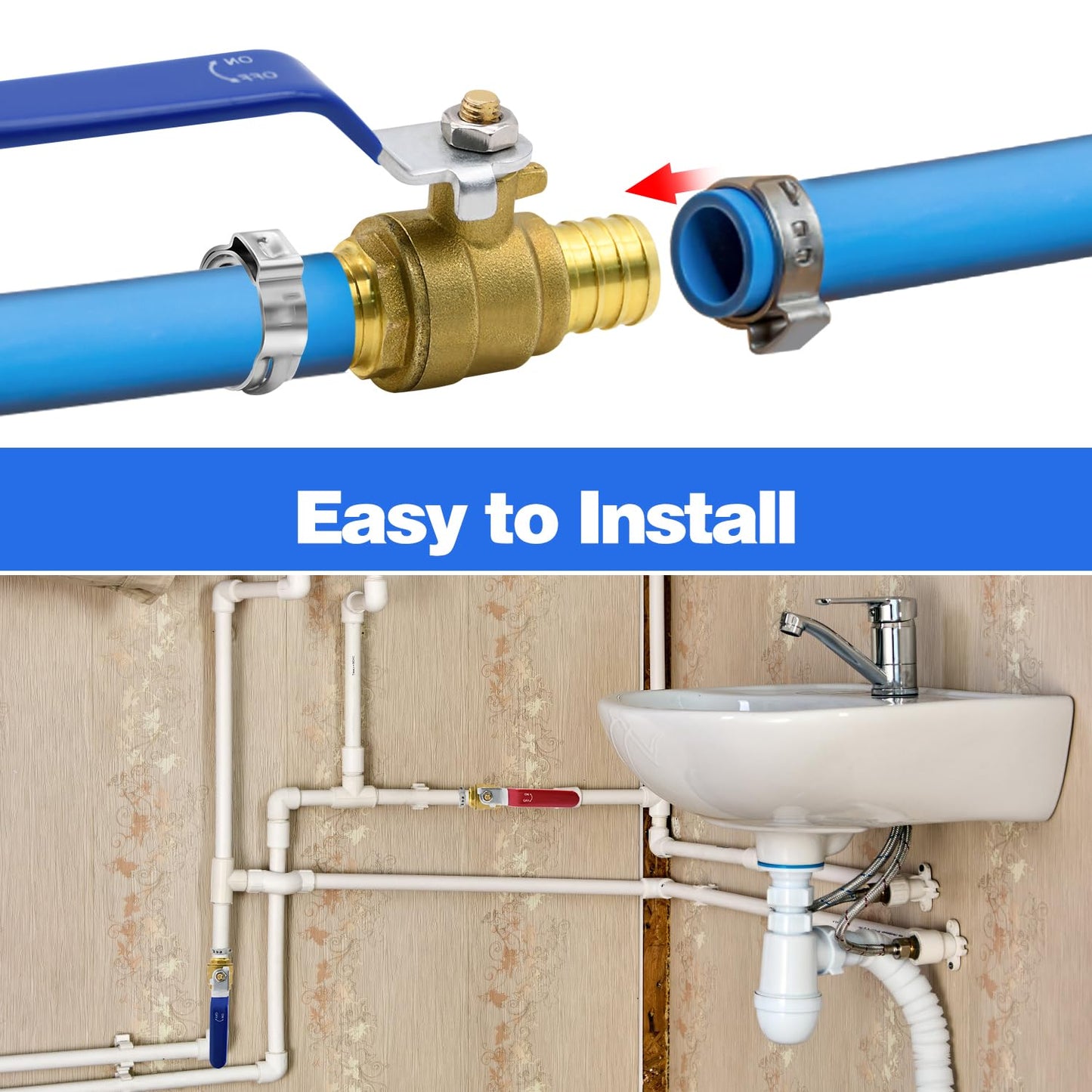 20pcs PEX Ball Valves, 3/4" PEX Brass Full Port Shut Off Ball Valve, Full Port Shut-off Ball Valve, Quarter Turn HOT (RED) COLD (BLUE) of Water Stop Shut off