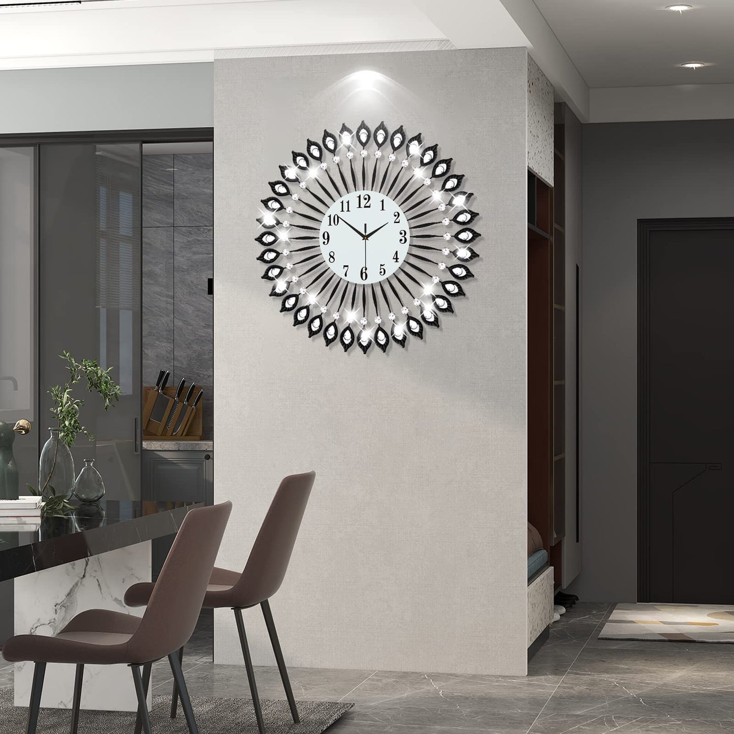 JTWALCLOCK Modern Large Wall Clock for Living Room Decor Extra Wall Clock for Bedroom Kitchen Office Indoor 24 Inches Home Decoration Big Black Crystal Wall Clocks Battery Operated Non Ticking Quartz