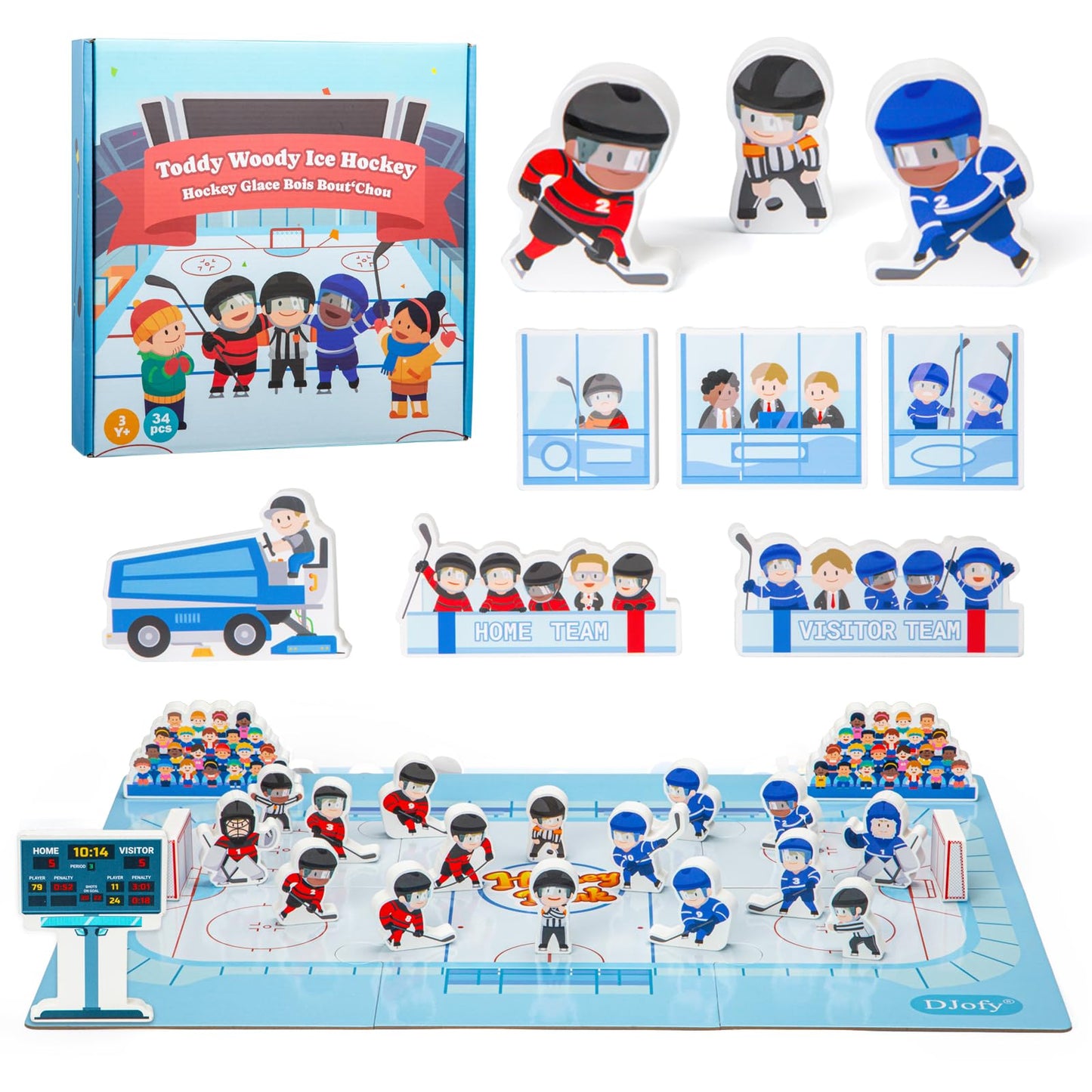2-in-1 Hockey Board Game & Blocks Playset, Wooden Hockey Figurines with Assembly Rink or Roll and Move Game, Mini Hockey Figures, Winter Sports Toy for Kids, Toddlers & Families