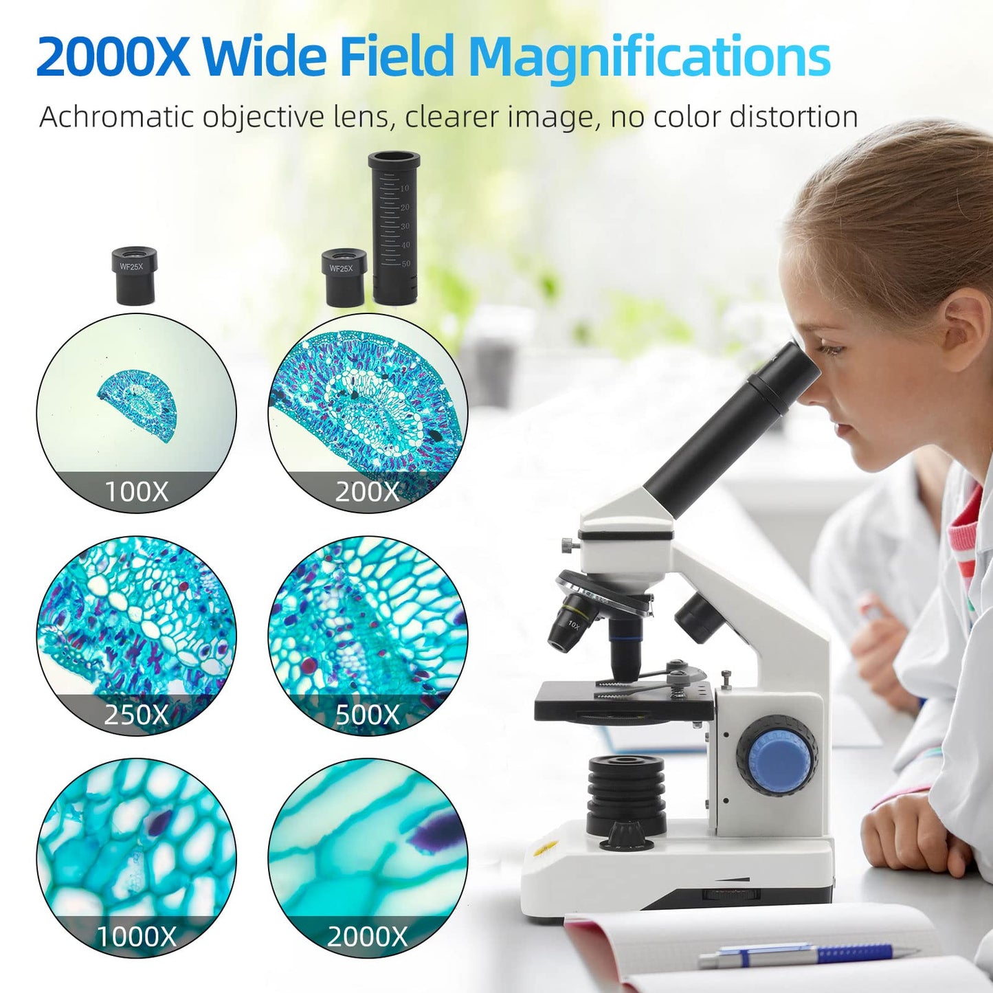 Swift Compound Monocular Microscope Kit for Students Beginners, 80X-2000X STEM Kit with All Metal Body Microscope, Carrying Box for Laboratory Home Education