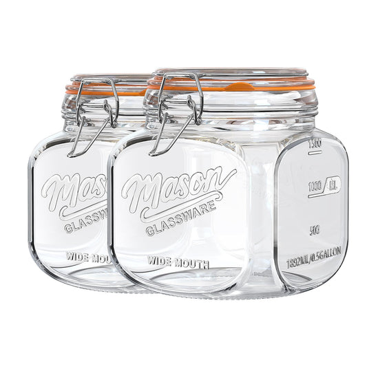Dwbligt 2 Pack Half Gallon Mason Jar with Hinged Lid, Wide Mouth Glass Canisters for Food Storage, Cookie, Flour, Candy, Coffee, Pickle - 64 Oz Glass Jar with Lid - 2 Scale Marks & Vintage Mason Jars