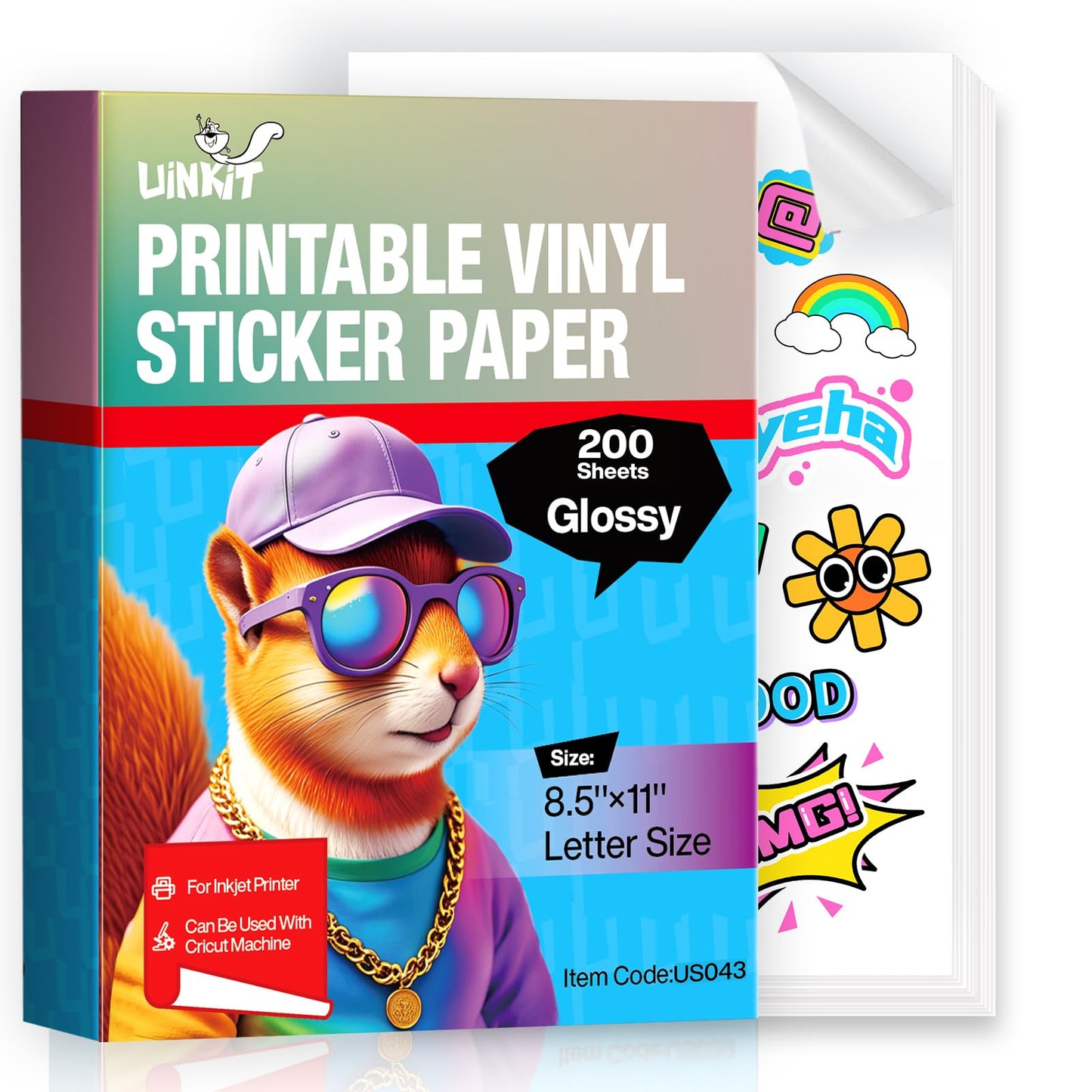 Uinkit 200 Sheets Premium Glossy Printable Vinyl Sticker Paper for Inkjet & Laser Printers - Waterproof, Quickly-Dries for World Cup Sticker & Pet Photos & Kids Crafts, Tear-Resistant Decals