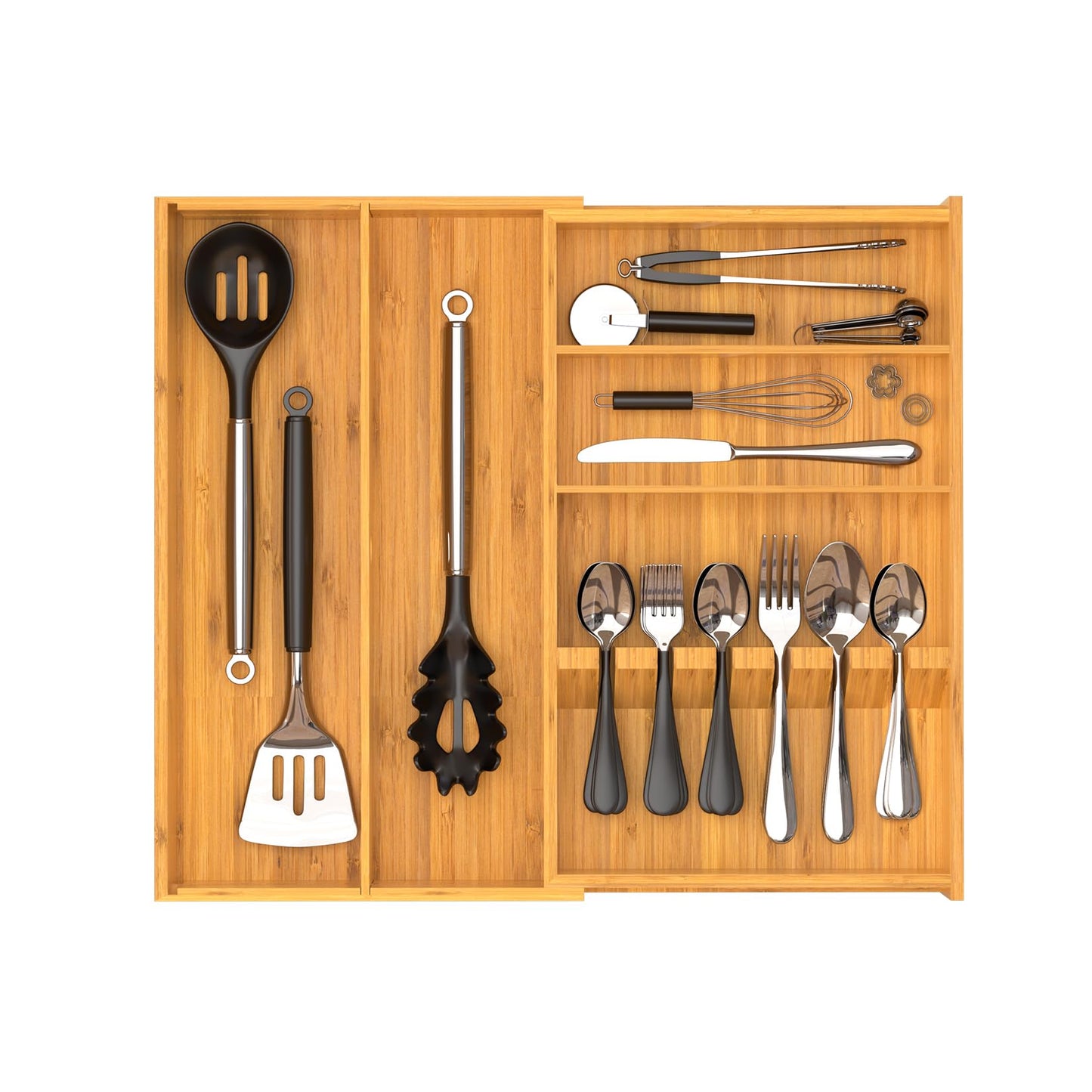 Yofidra Pure Bamboo Silverware Drawer Organizer: 16.9x18.9 Expandable Large Silverware Utensil Tray Holder, 5-Compartment with 6 Card Slots Flatware Organizer Kitchen Organizers and Storage