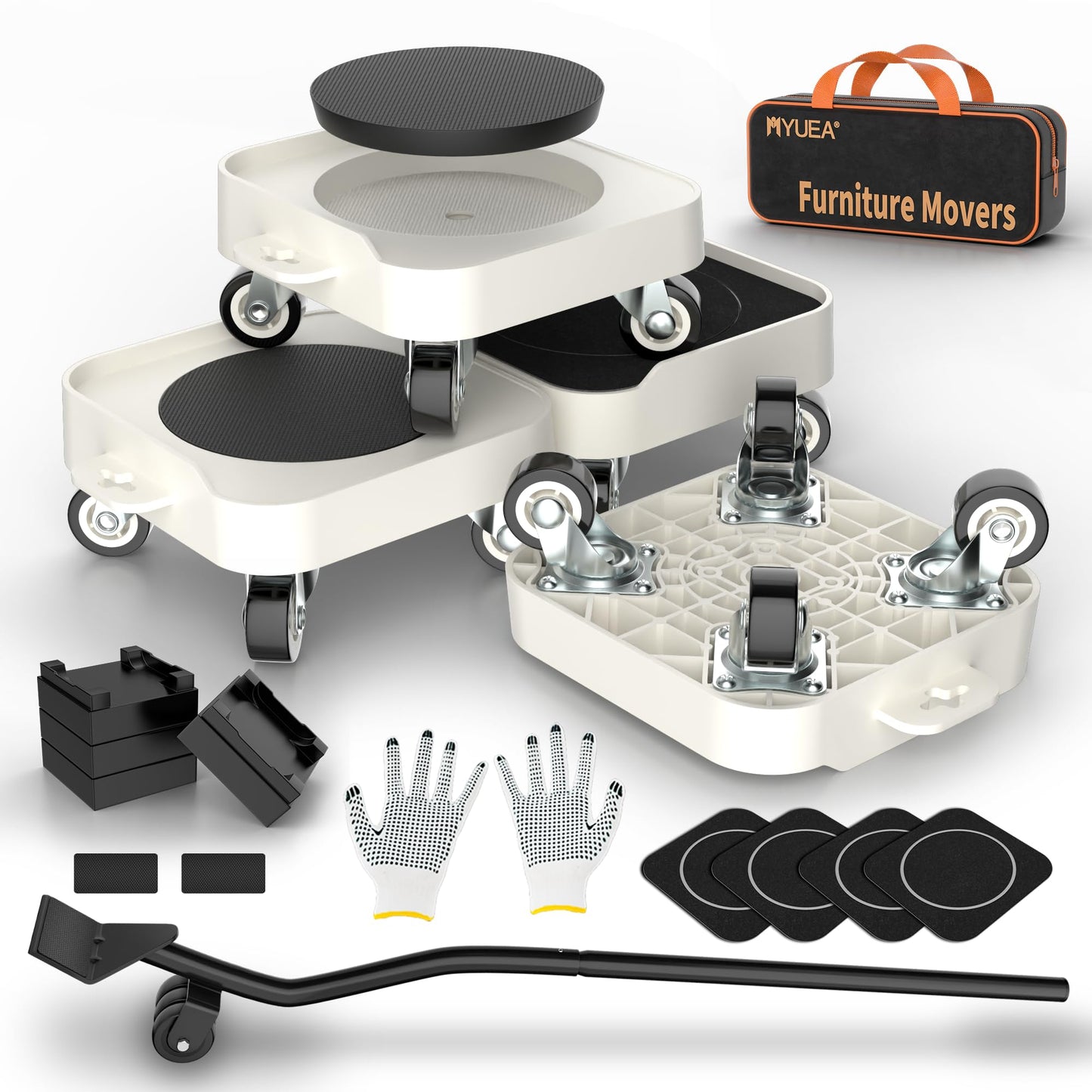 MUEA Furniture Dolly,Heavy-Duty Furniture Movers with Removable Center Pad,Non-Slip L-Edge & TPR Wheels,Moving for Round/Flat Leg Furniture–Includes Pry Bar,Gloves,Mat and Storage Bag(1200LBS)